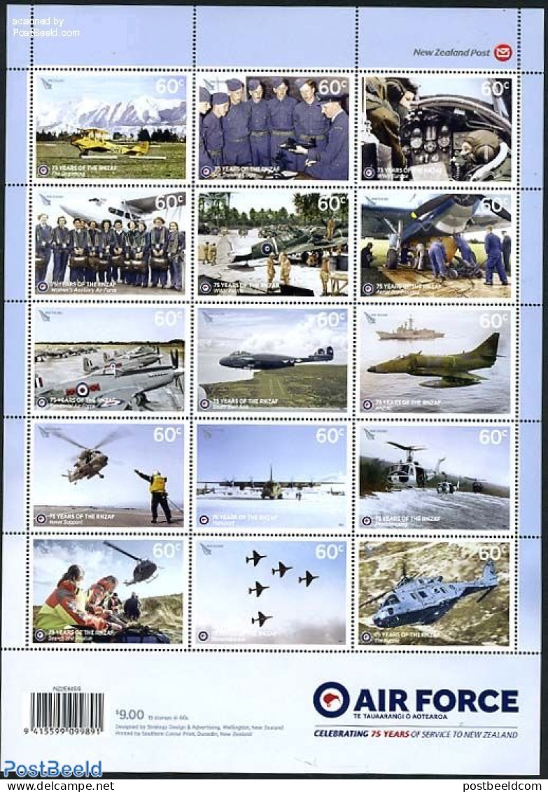 New Zealand 2012 75 Years Air Force 15v M/s, Mint NH, History - Transport - Militarism - Helicopters - Aircraft & Avia.. - Ungebraucht