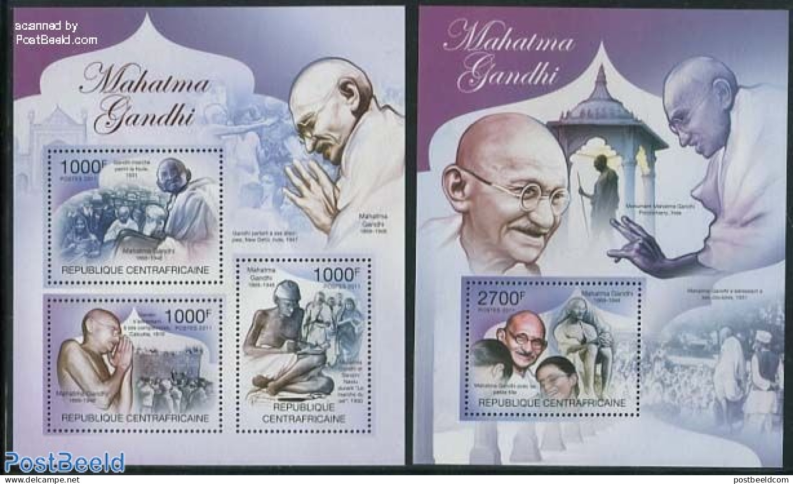 Central Africa 2011 Mahatma Gandhi 2 S/s, Mint NH, History - Gandhi - Politicians - Mahatma Gandhi