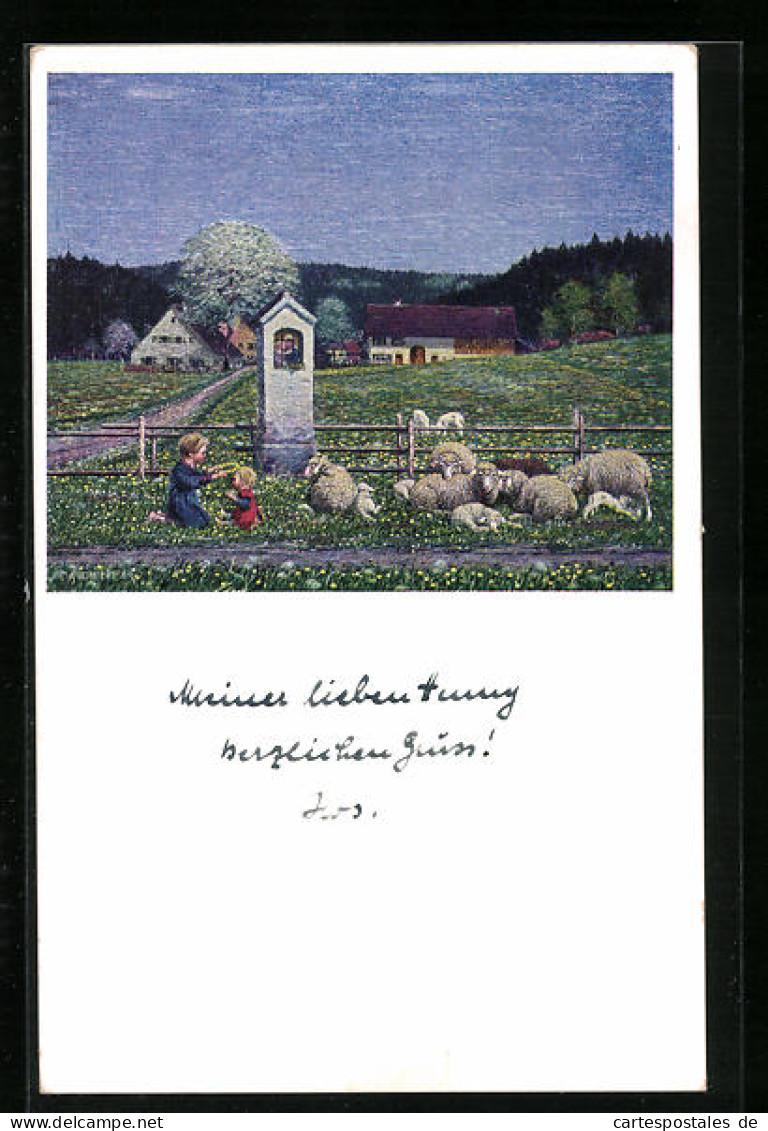 Künstler-AK Josef Madlener: Kinder Spielen Auf Der Wiese Neben Einer Schafherde, Im Mai  - Other & Unclassified