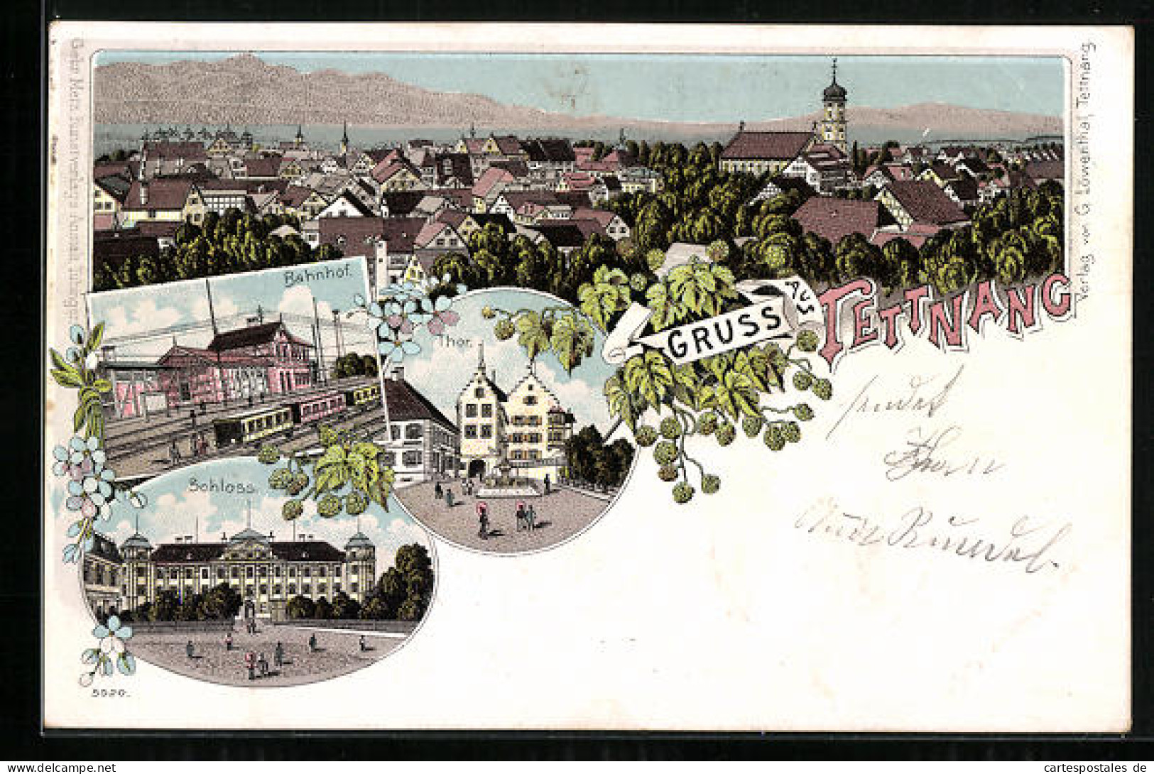 Lithographie Tettnang, Schloss, Bahnhof, Tor, Panorama  - Tettnang