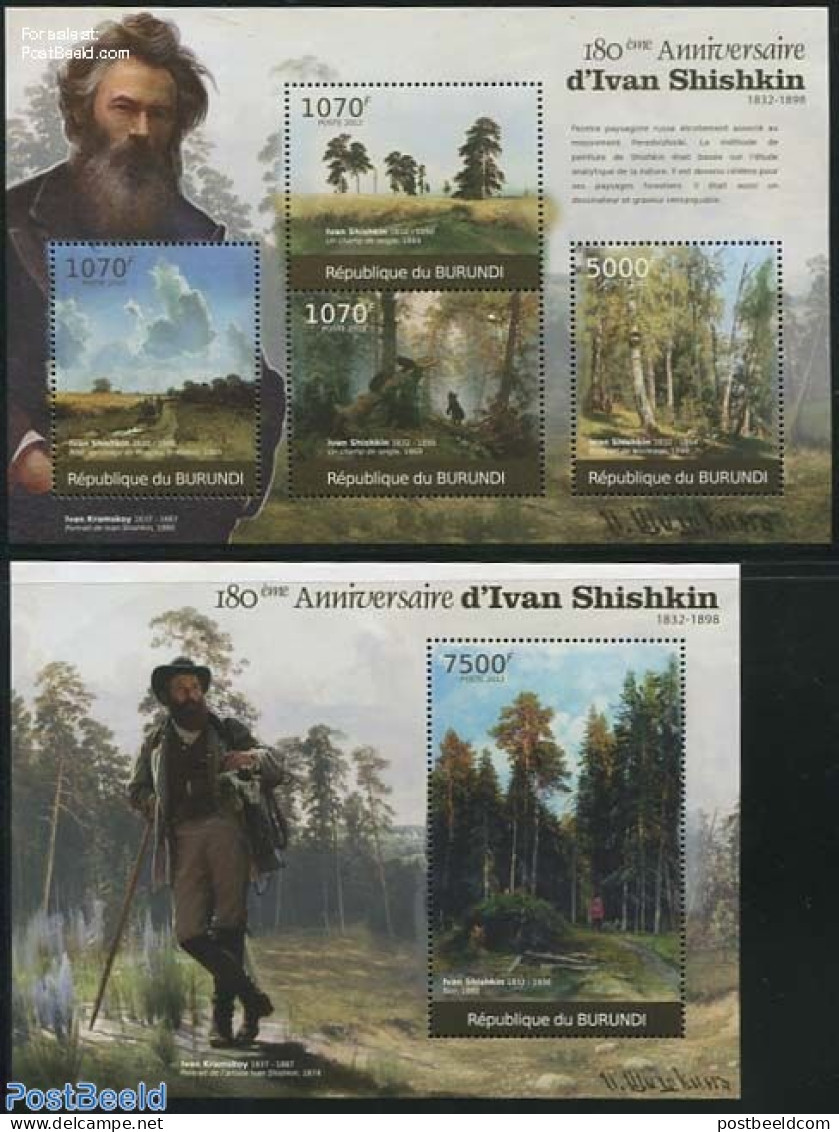 Burundi 2012 Ivan Shishkin Paintings 2 S/s, Mint NH, Nature - Trees & Forests - Art - Paintings - Rotary, Club Leones