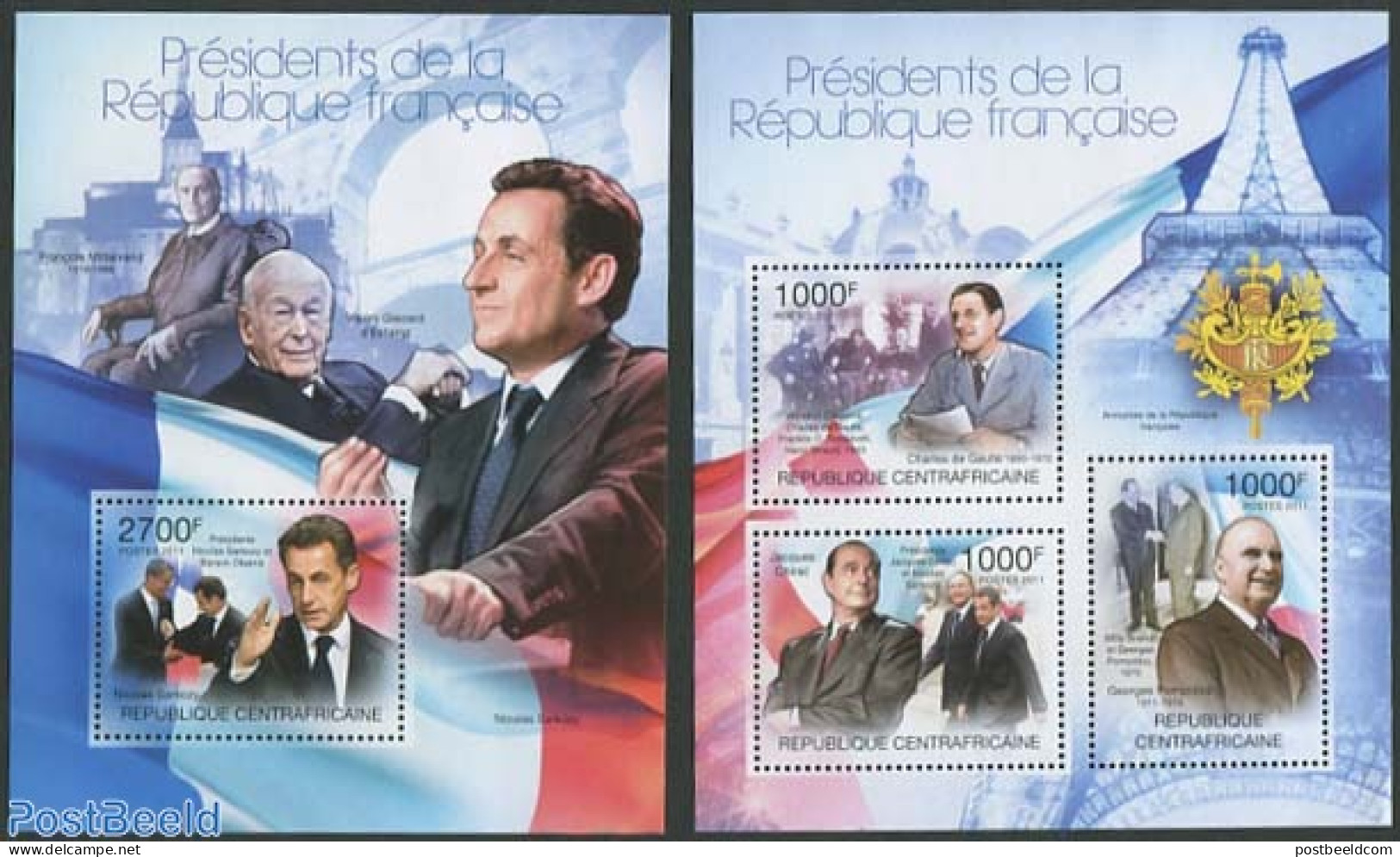 Central Africa 2011 French Presidents 2 S/s, Mint NH, History - French Presidents - Politicians - De Gaulle (Generaal)