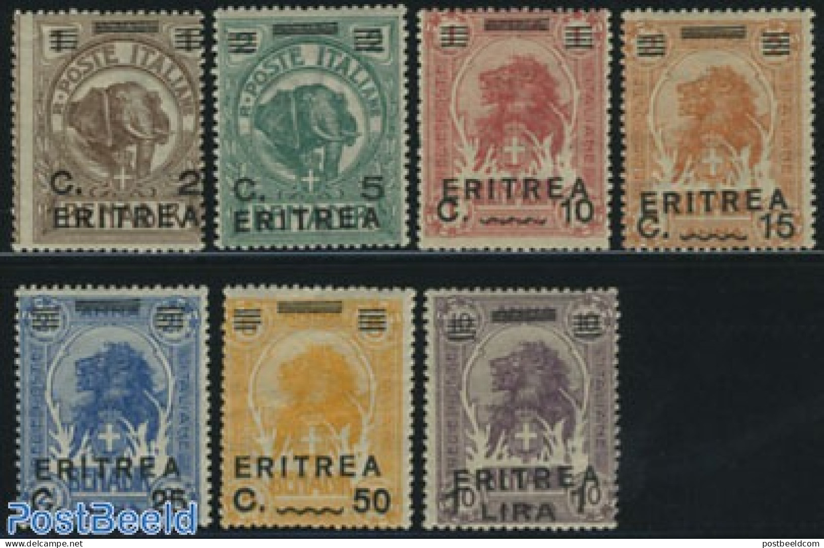 Eritrea 1922 Overprints 7v, Unused (hinged), Nature - Cat Family - Elephants - Erythrée