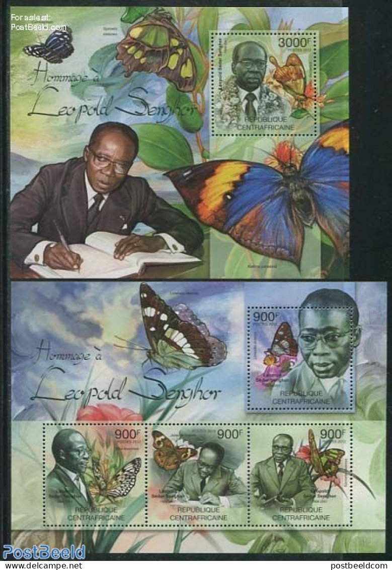Central Africa 2012 Leopold Senghor, Butterflies 2 S/s, Mint NH, History - Nature - Politicians - Butterflies - Repubblica Centroafricana