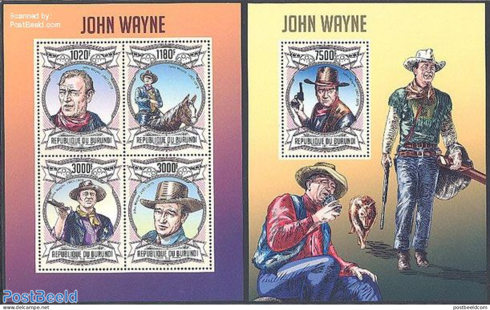 Burundi 2013 John Wayne 2 S/s, Mint NH, Nature - Performance Art - Horses - Movie Stars - Actors