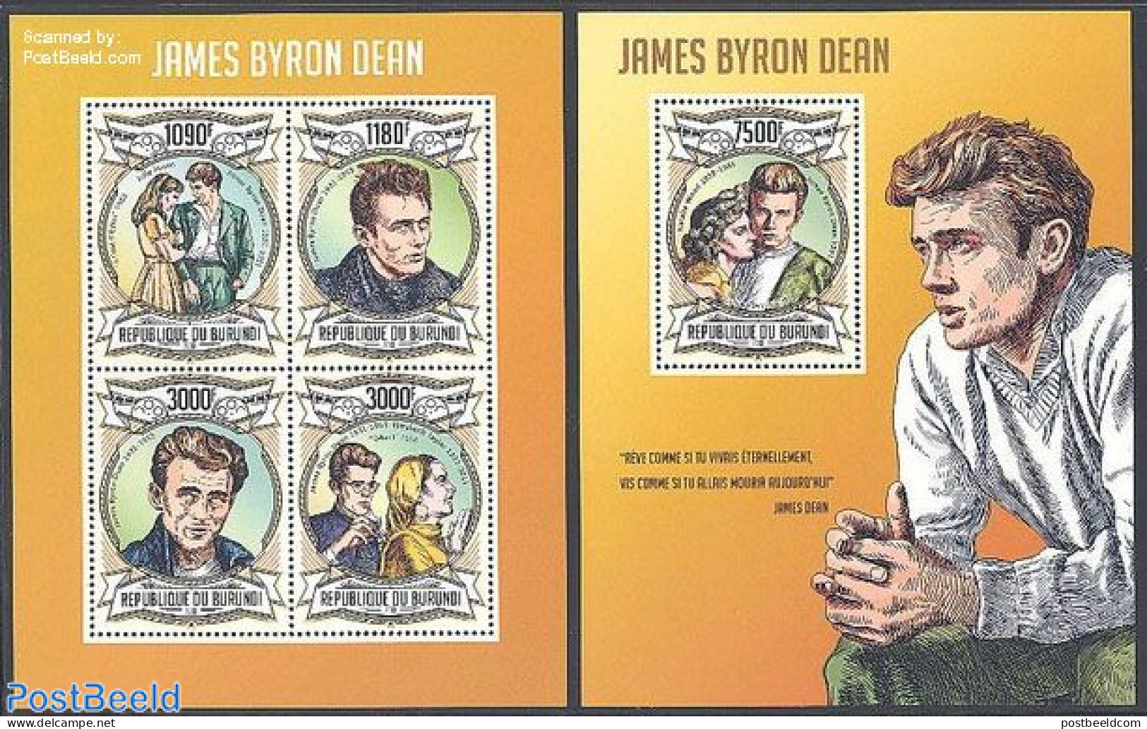 Burundi 2013 James Byron Dean 2 S/s, Mint NH, Performance Art - Movie Stars - Actors