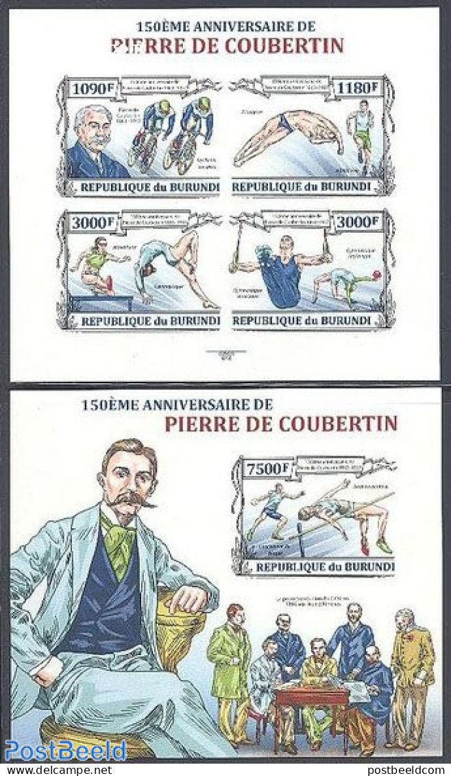 Burundi 2013 Pierre De Coubertin 2 S/s, Imperforated, Mint NH, History - Sport - Coat Of Arms - Athletics - Olympic Ga.. - Leichtathletik