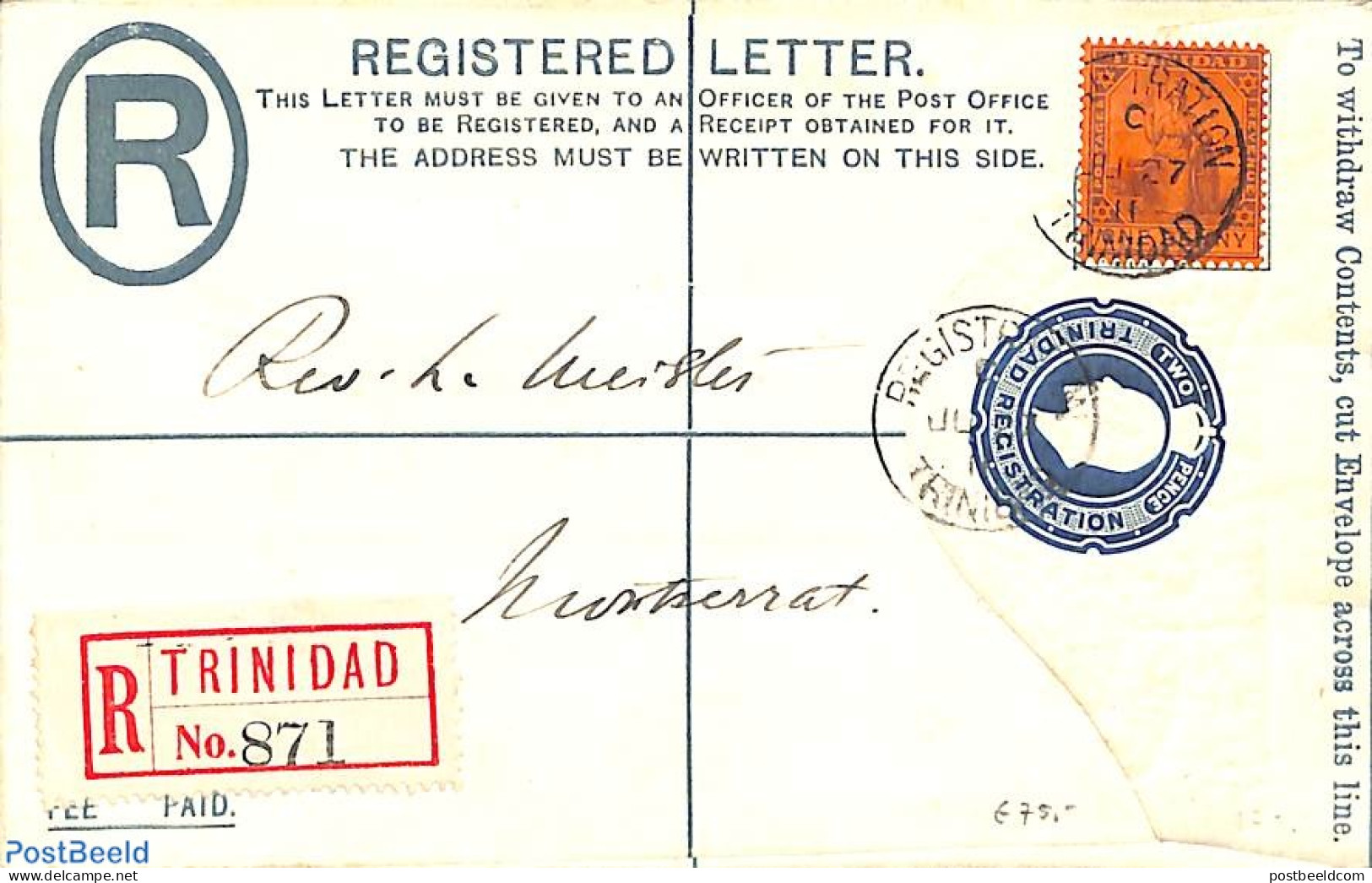 Trinidad & Tobago 1927 Registered Letter Postal Stationary With Uprate Stamp To Montserrat, Postal History - Trinité & Tobago (1962-...)