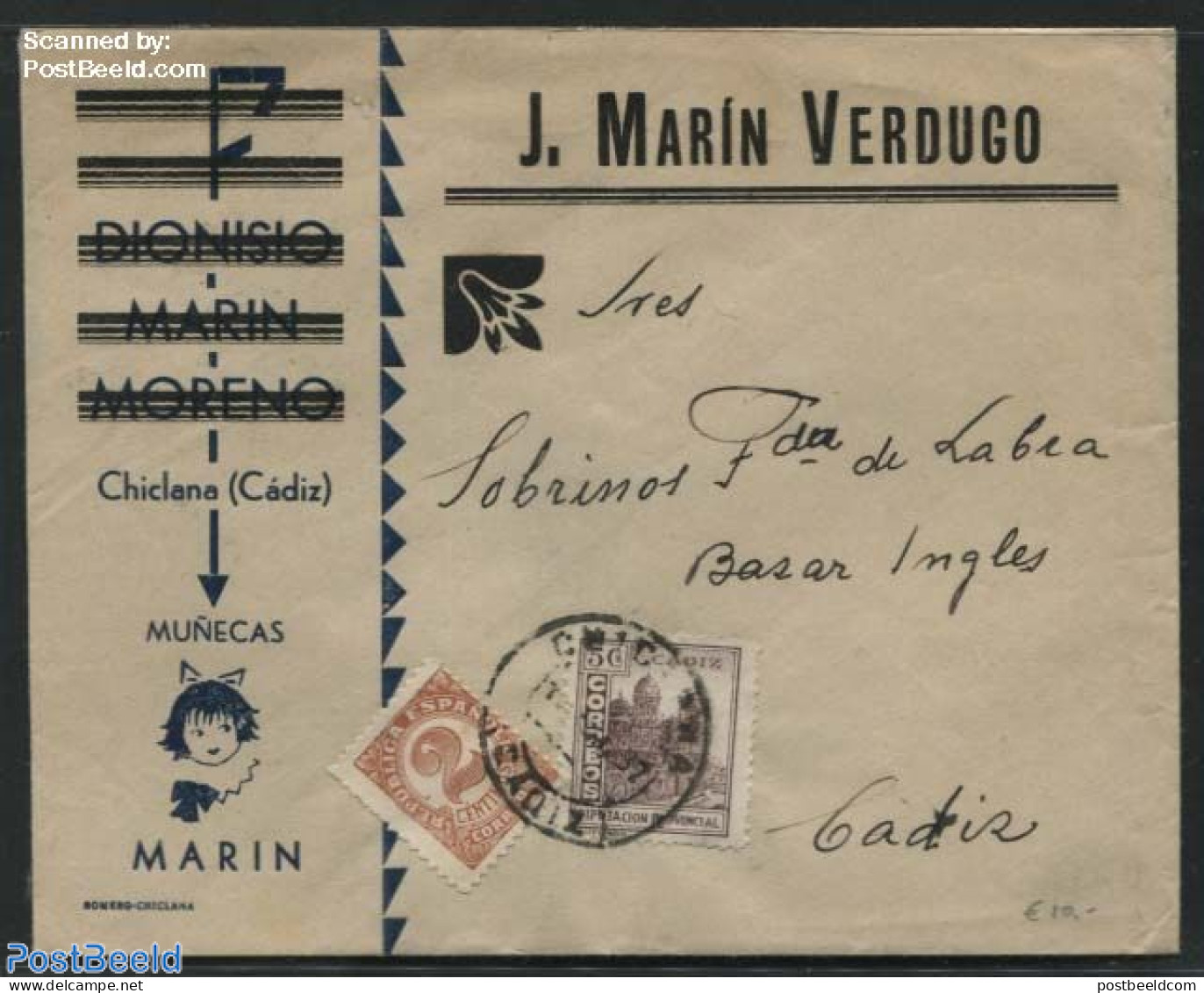 Spain 1937 Letter With Local Stamp Cadiz, Postal History - Cartas & Documentos