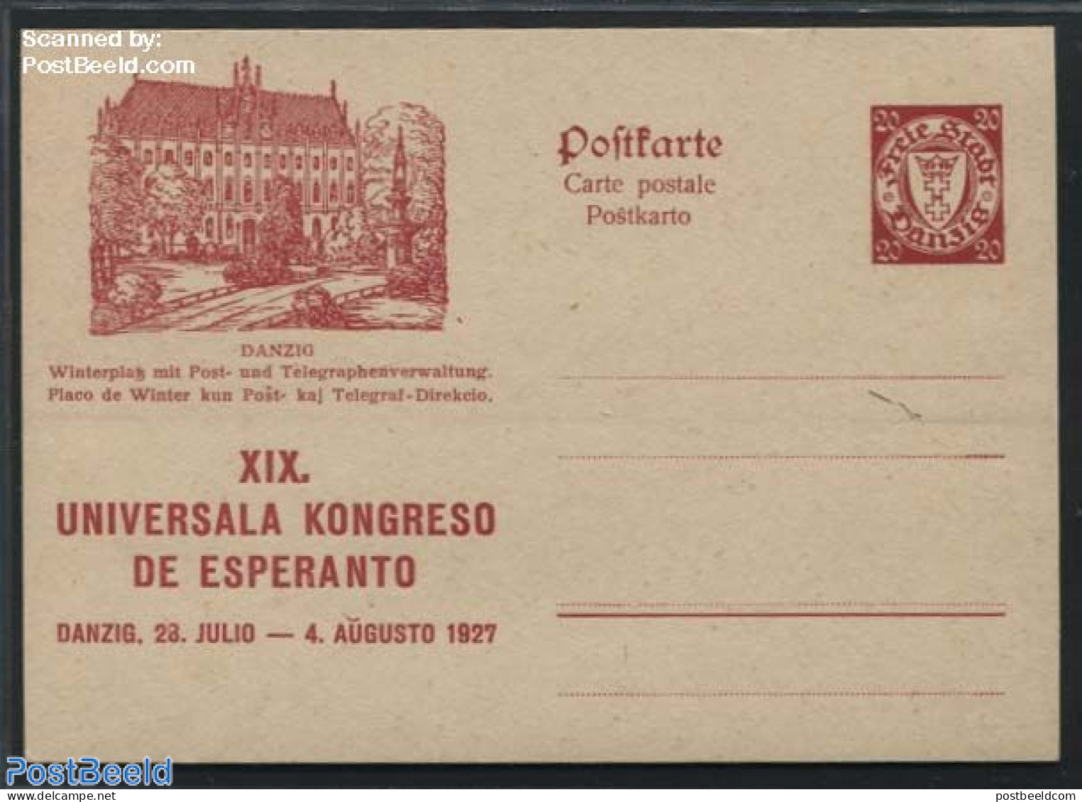 Germany, Danzig 1927 Illustrated Postcard, Esperanto, 20pf, Winterplatz, Unused Postal Stationary, Science - Esperanto.. - Altri & Non Classificati