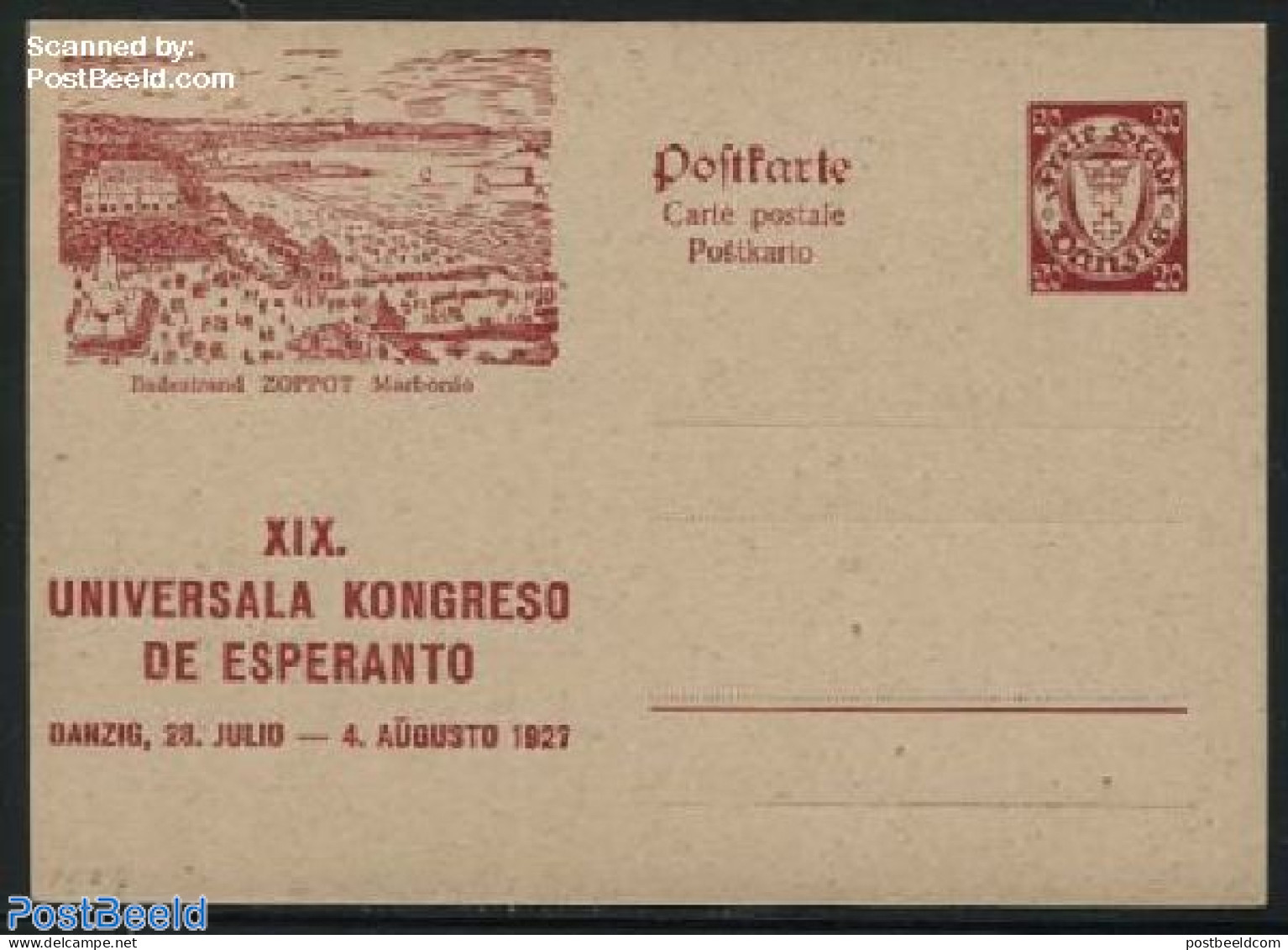 Germany, Danzig 1927 Illustrated Postcard, Esperanto Congress, 20pf, Zoppot, Unused Postal Stationary, Science - Esper.. - Altri & Non Classificati