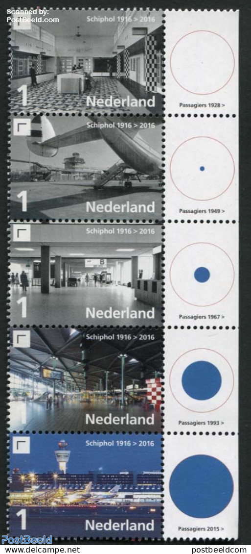 Netherlands 2016 100 Years Schiphol Airport 5v+tabs Right, Mint NH, Transport - Aircraft & Aviation - Ongebruikt