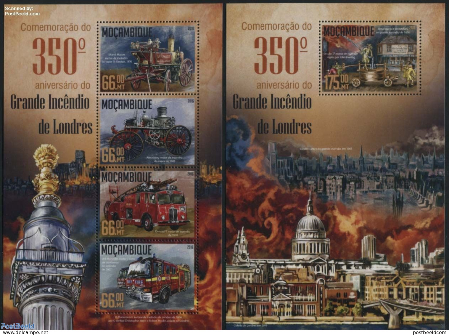 Mozambique 2016 Great Fire Of London 2 S/s, Mint NH, Transport - Automobiles - Fire Fighters & Prevention - Auto's