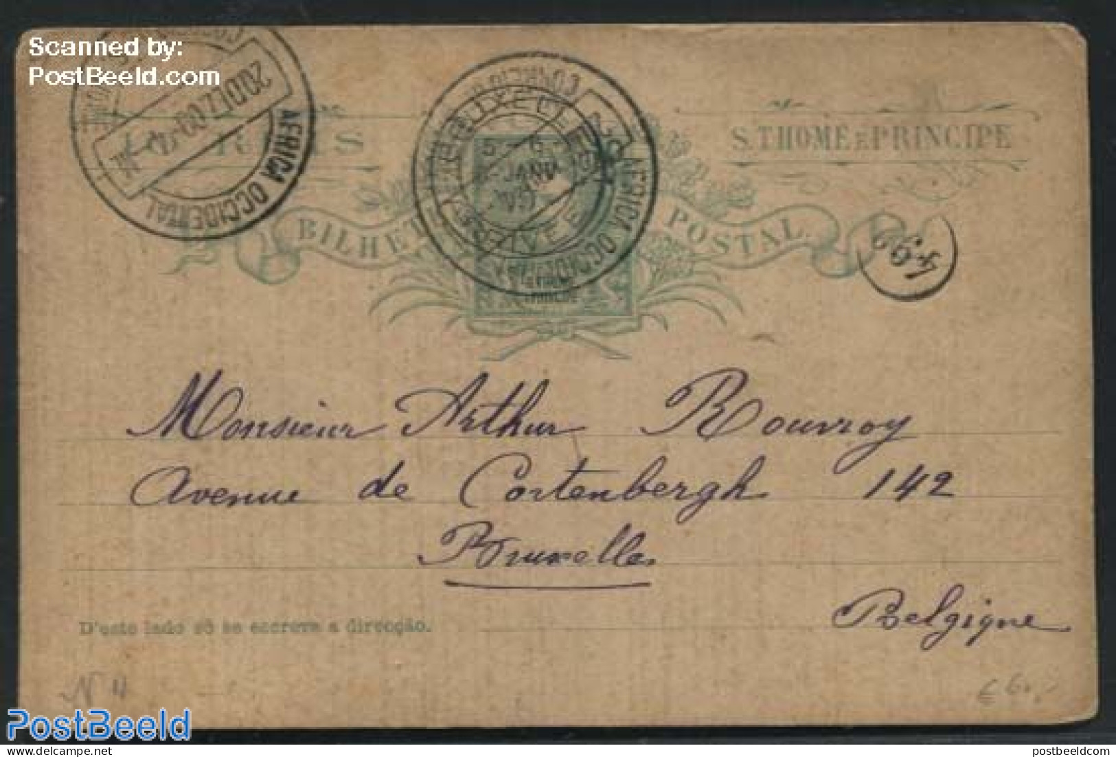 Sao Tome/Principe 1909 Postcard To Bruxelles, Used Postal Stationary - Sao Tome Et Principe