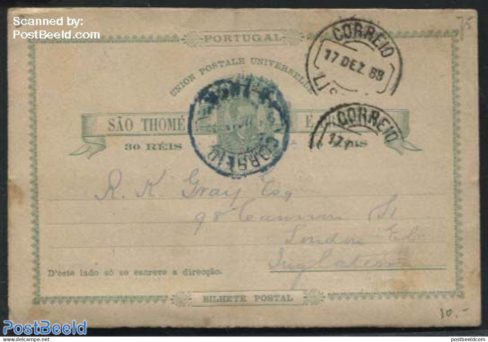 Sao Tome/Principe 1888 Postcard To London, Used Postal Stationary - São Tomé Und Príncipe