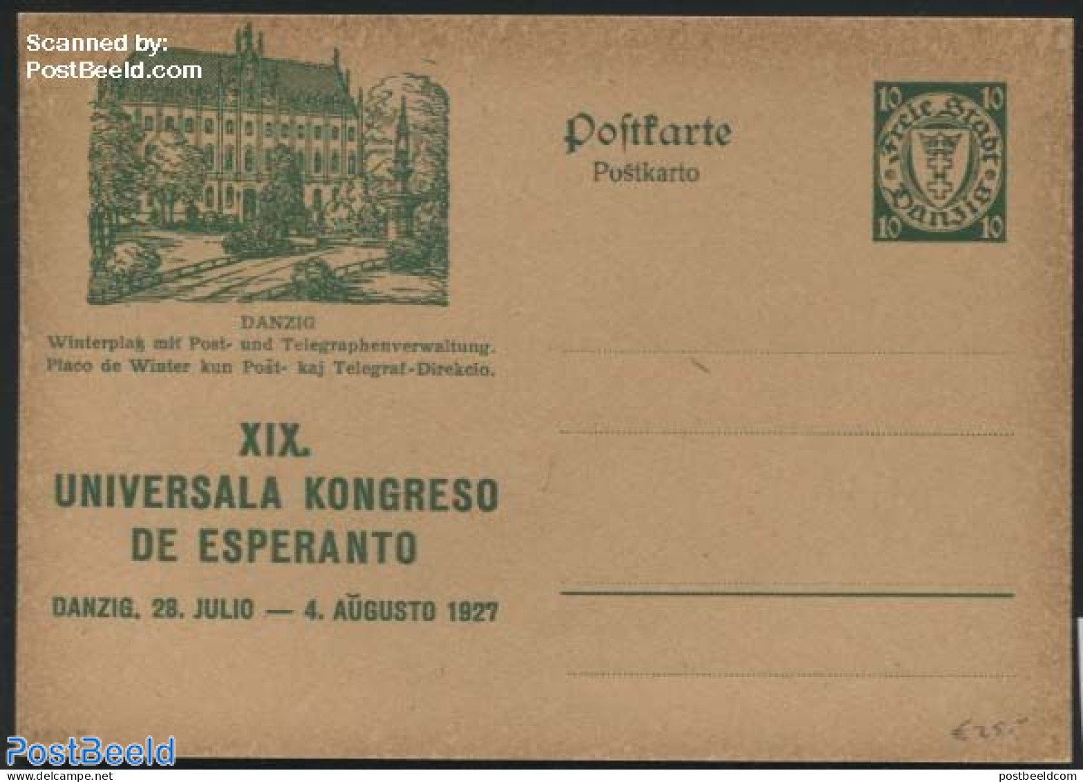 Germany, Danzig 1927 Illustrated Postcard, Esperanto Congress, 10pf, Winterplatz, Unused Postal Stationary, Science - .. - Altri & Non Classificati