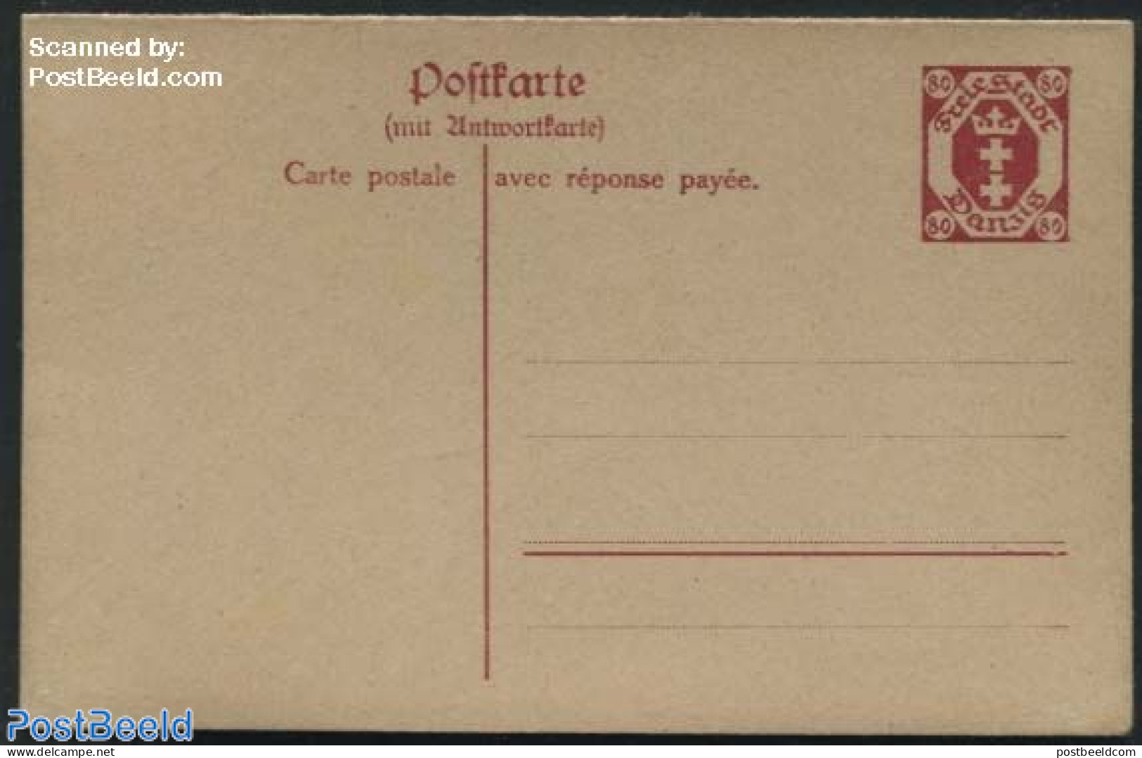 Germany, Danzig 1921 Reply Paid Postcard 80/80pf, With Extra French Text, Unused Postal Stationary - Other & Unclassified