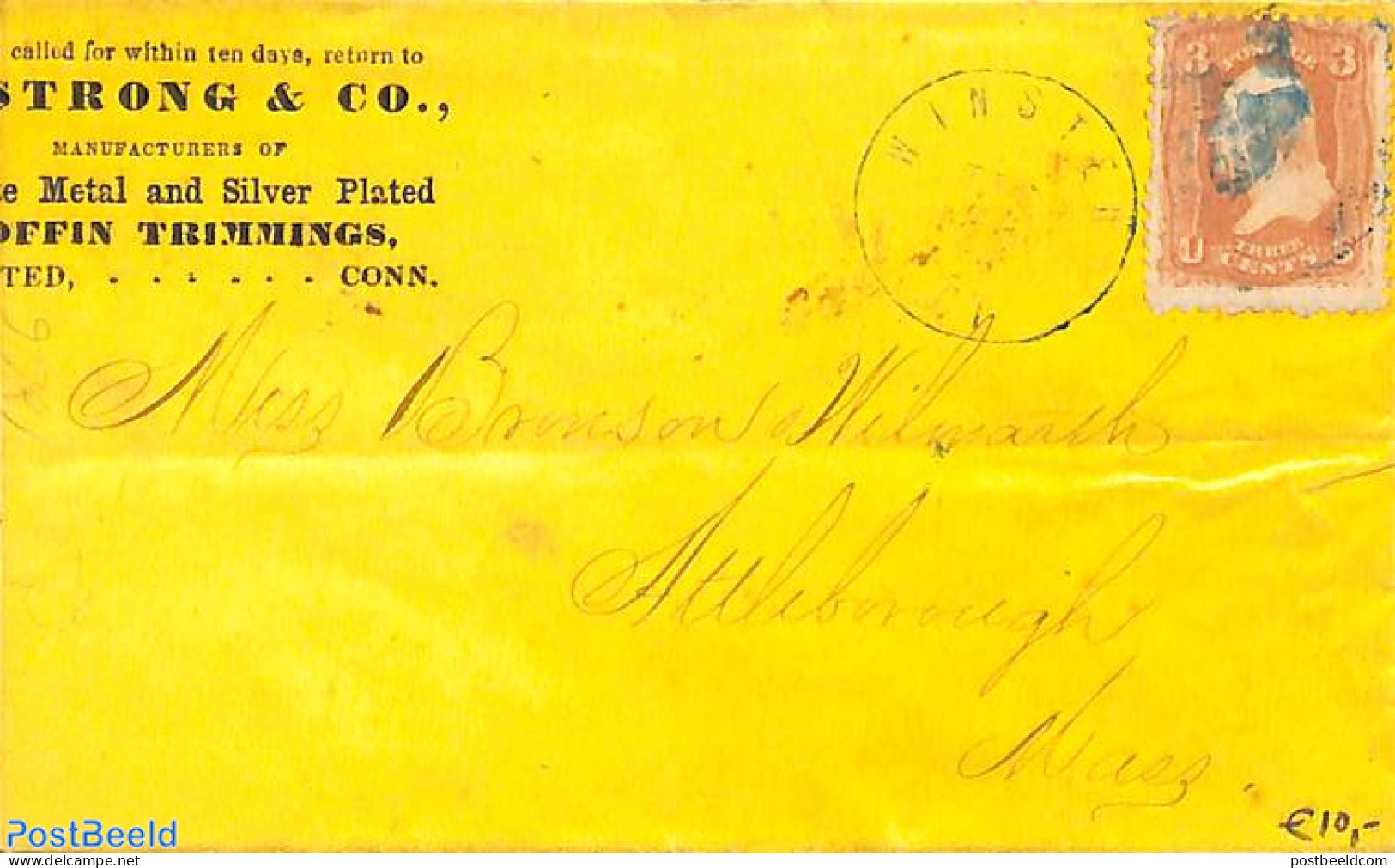 United States Of America 1866 Small Yellow Envelope From Winsted Co. To Attleborough,Mass., Postal History - Cartas & Documentos