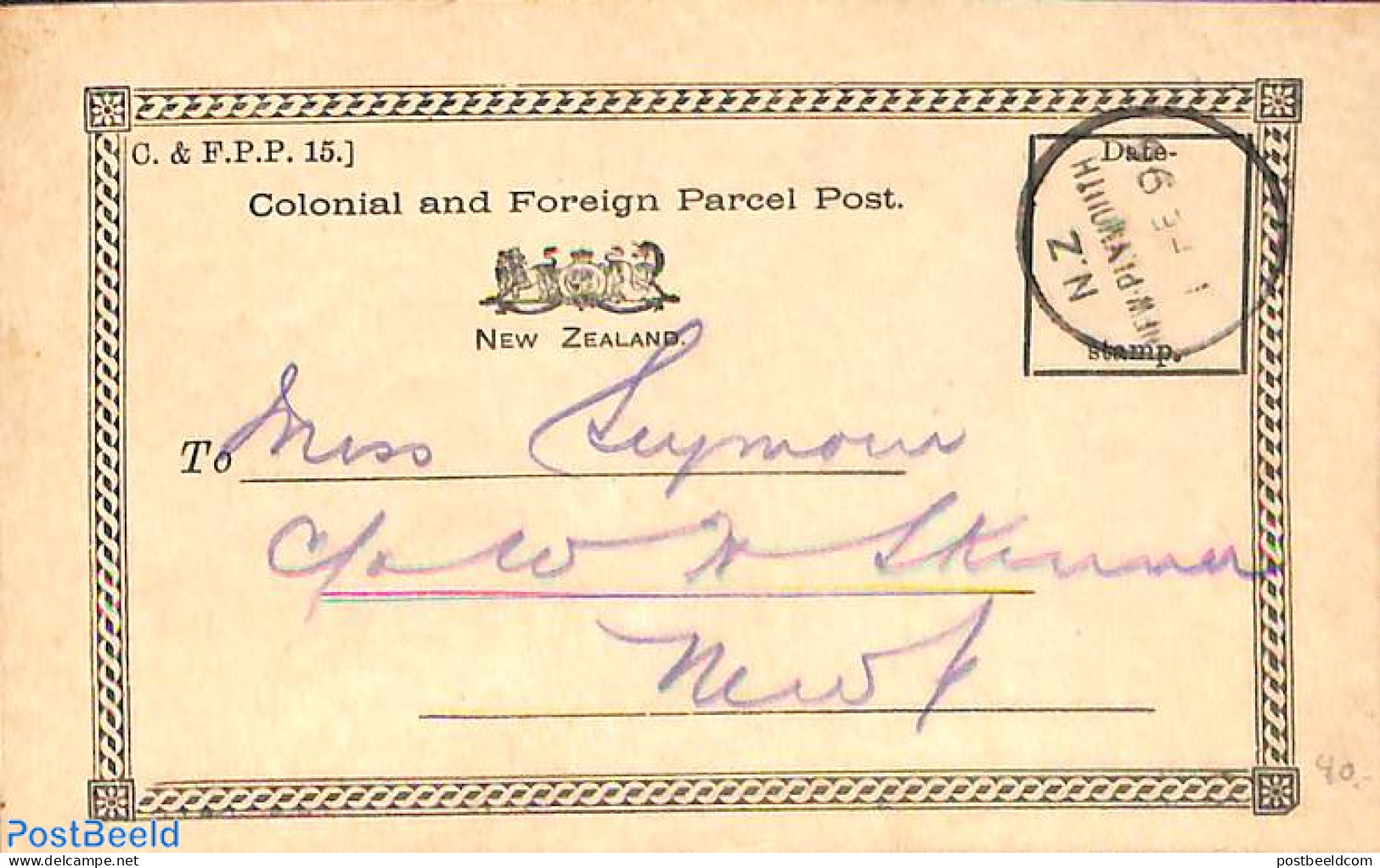 New Zealand 1896 Colonial And Foreign Parcel Post From New Plymouth Post Office, Postal History - Brieven En Documenten