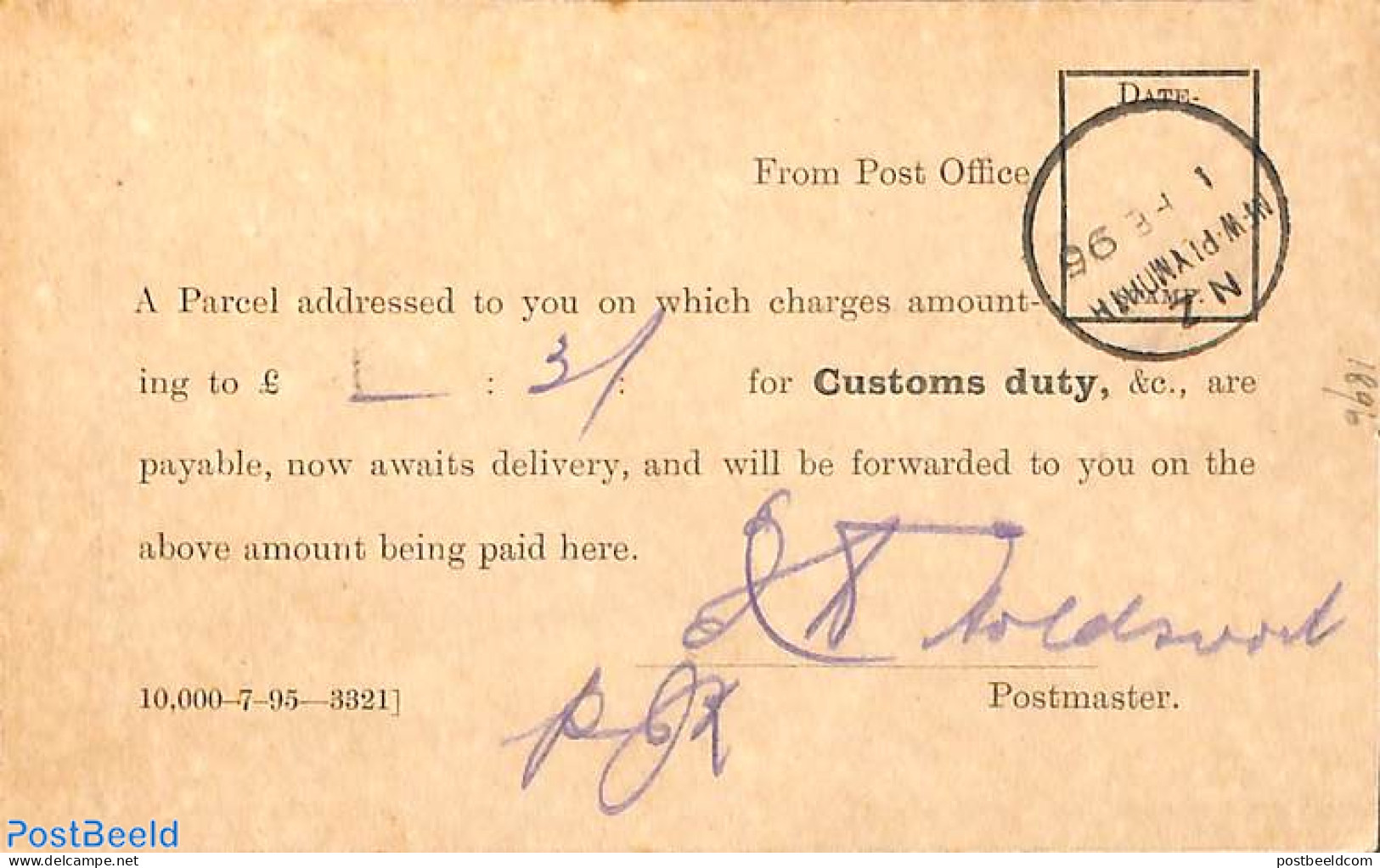 New Zealand 1896 Colonial And Foreign Parcel Post From New Plymouth Post Office, Postal History - Brieven En Documenten