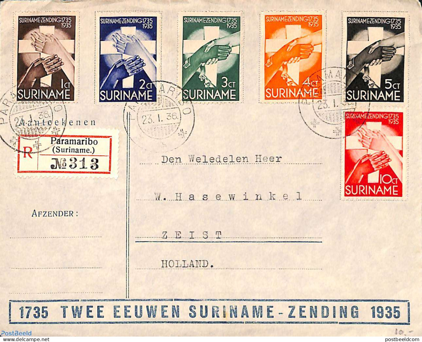 Suriname, Colony 1936 Registered Letter To Holland With Zending Set, Postal History - Other & Unclassified