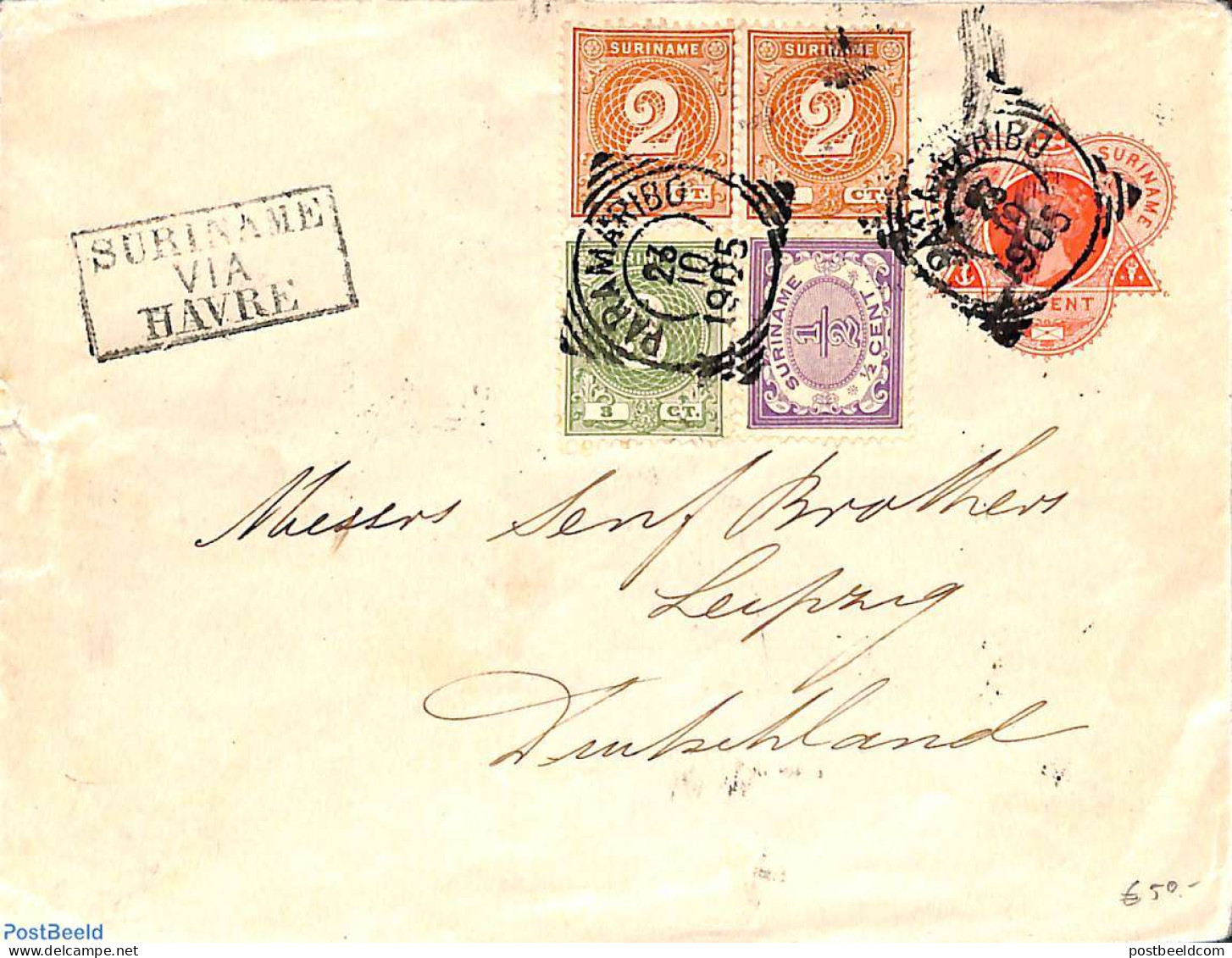 Suriname, Colony 1905 Envelope, Uprated From Paramaribo Via Le Havre To Leipzig, Used Postal Stationary - Sonstige & Ohne Zuordnung