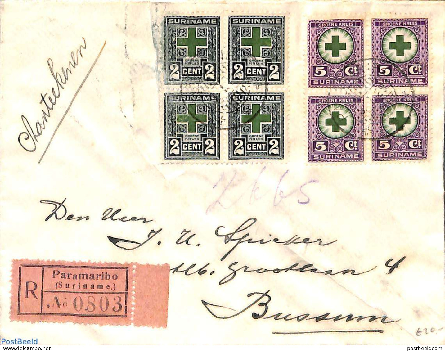 Suriname, Colony 1928 Registered Airmail From Paramaribo To Bussum, Postal History - Autres & Non Classés
