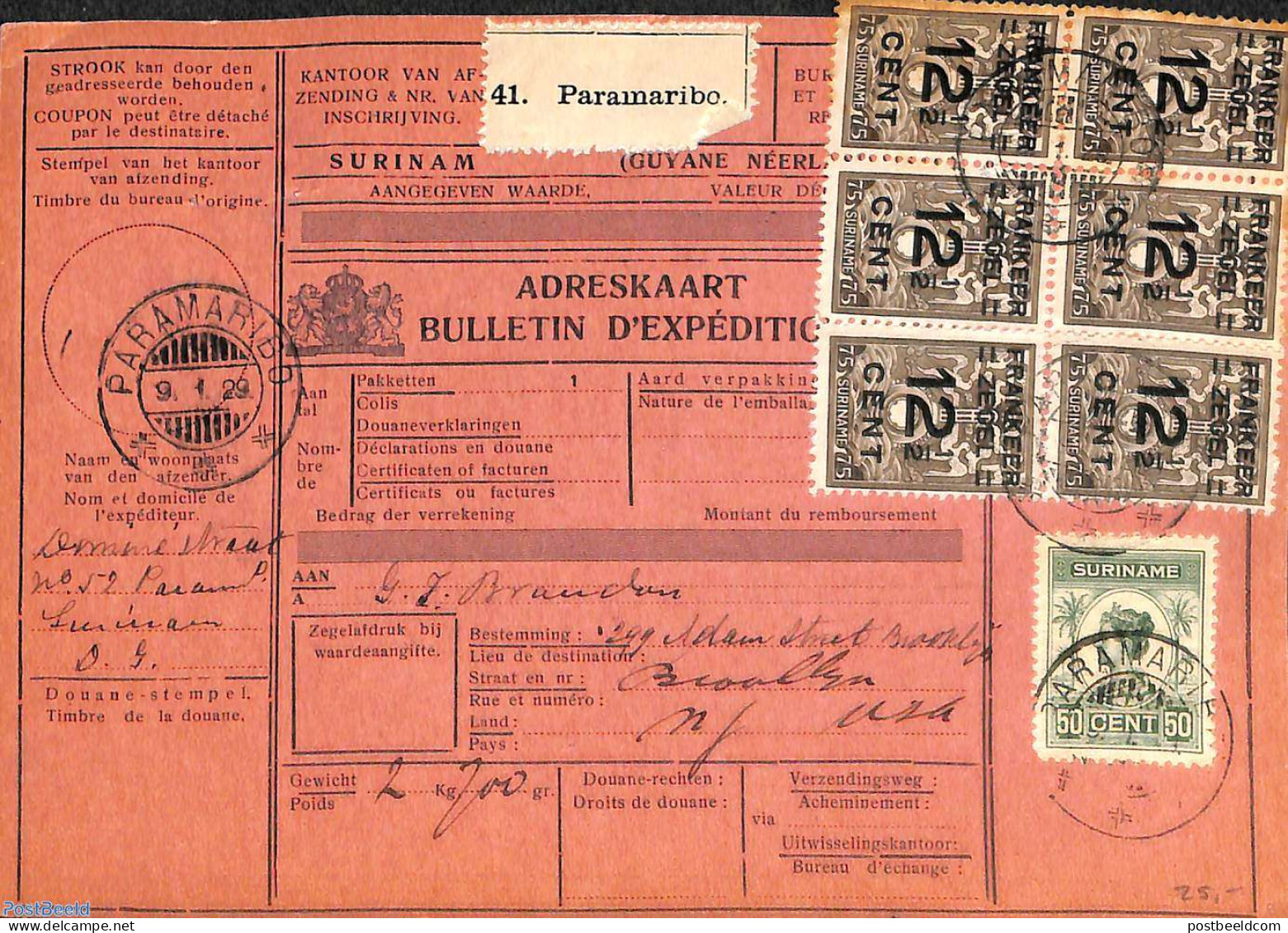 Suriname, Colony 1929 Parcel Card Paramaribo-Brooklyn, Postal History - Sonstige & Ohne Zuordnung