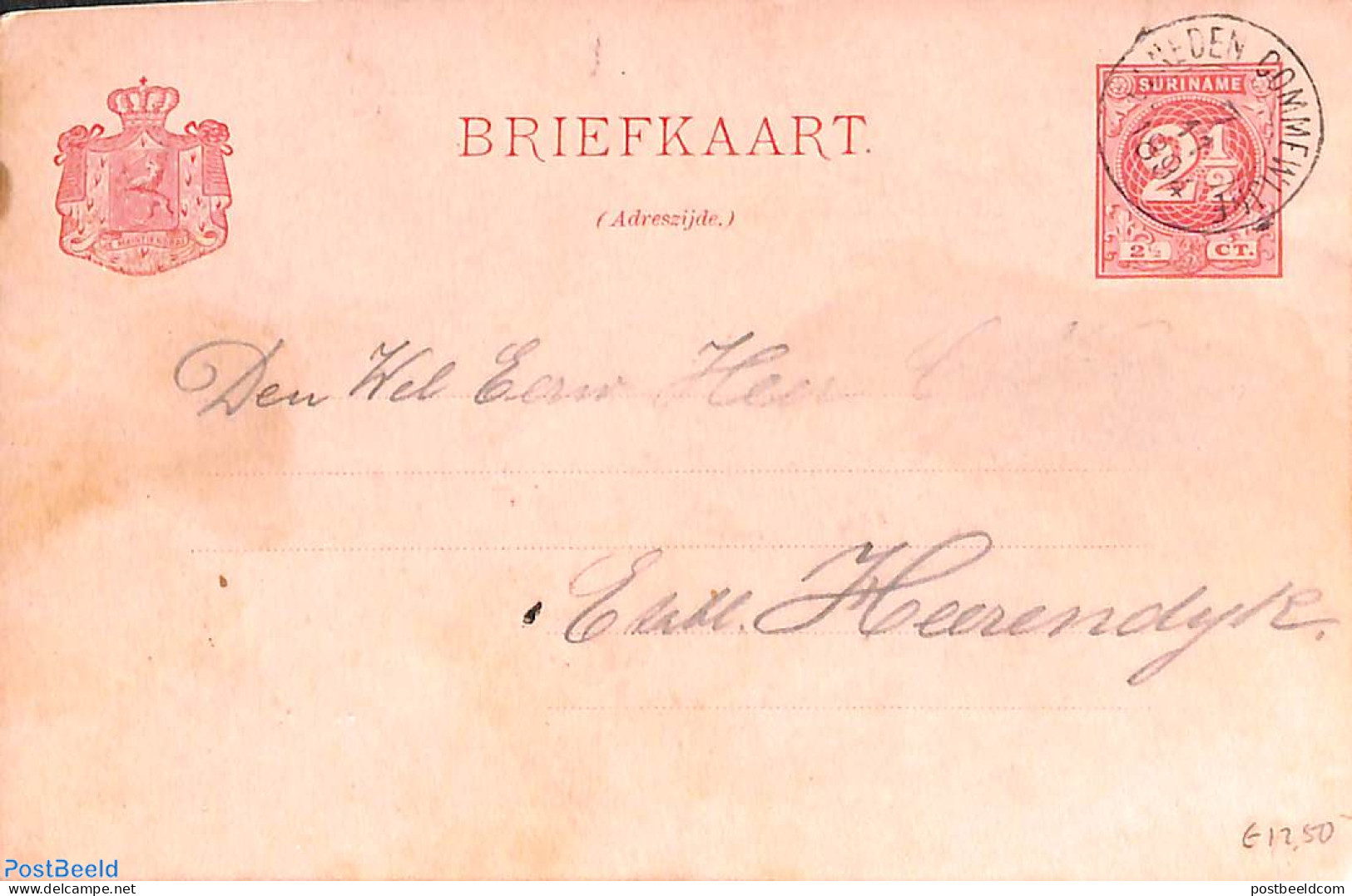 Suriname, Colony 1894 Postcard 2.5cfrom Beneden Commewijne To Heerendijk, Used Postal Stationary - Otros & Sin Clasificación