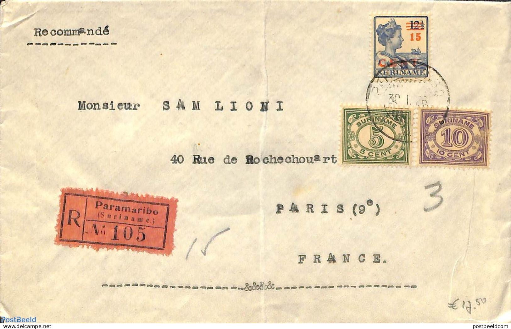 Suriname, Colony 1926 Registered Letter From Paramaribo To Paris, Postal History - Autres & Non Classés