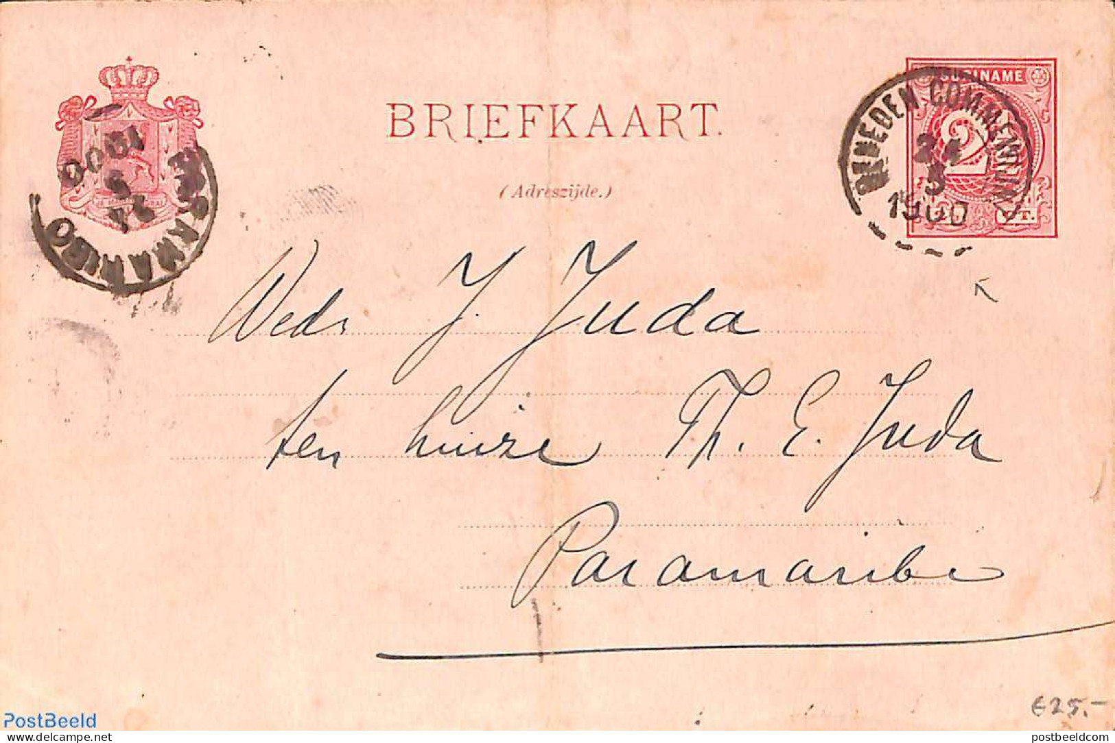 Suriname, Colony 1900 Postcard (folded) From BENEDEN COMMEWIJNE To Paramaribo, Used Postal Stationary - Other & Unclassified
