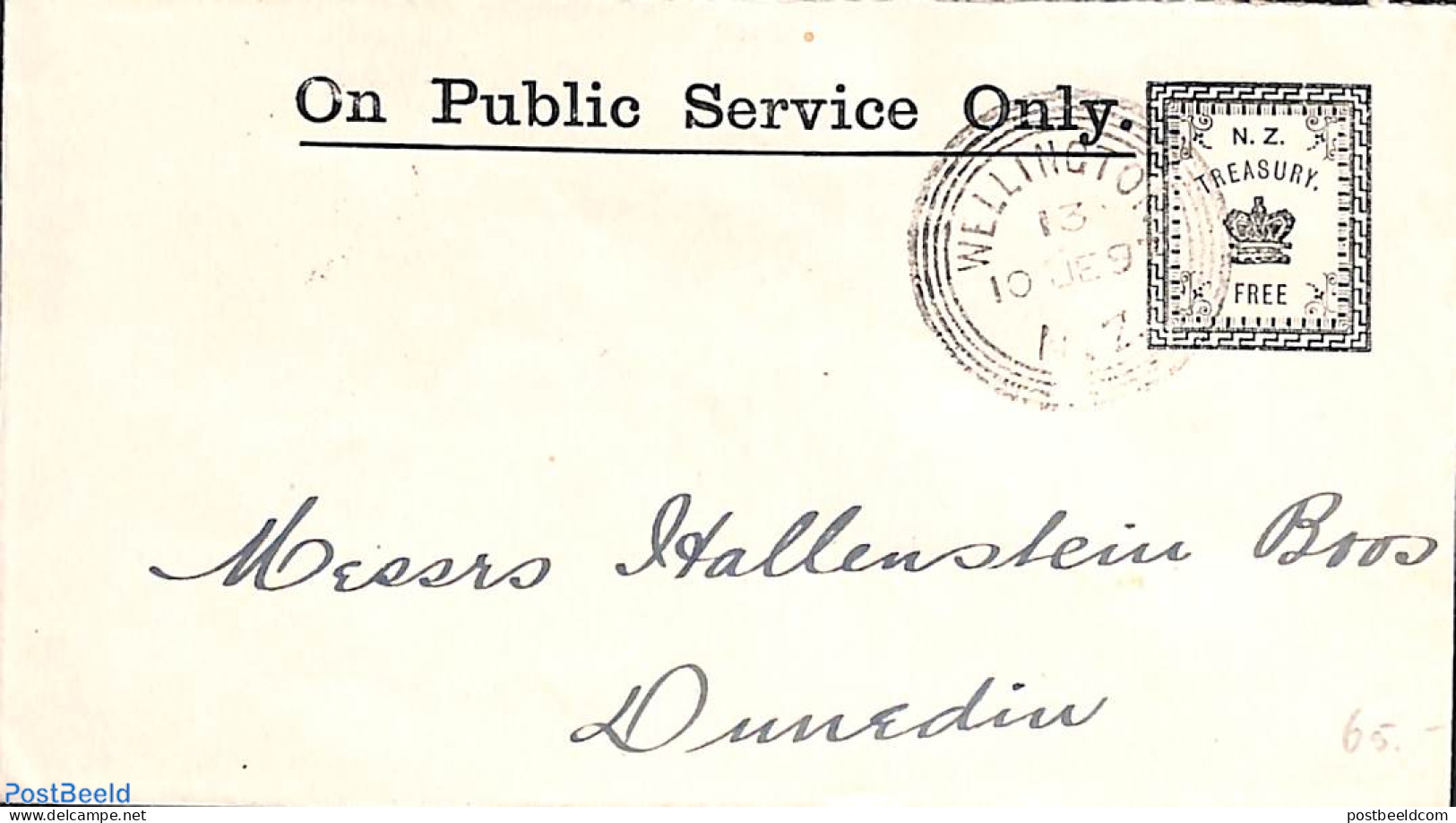New Zealand 1897 Envelope NZ Treasury Free, From Wellington To Dunedin, Used Postal Stationary - Lettres & Documents