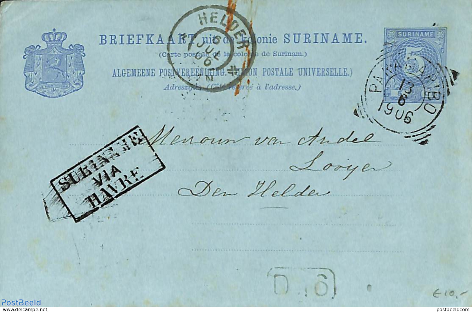 Suriname, Colony 1906 Postcard 5c From Paramaribo To Den Helder, Postmark: SURINAME VIA HAVRE, Used Postal Stationary - Altri & Non Classificati