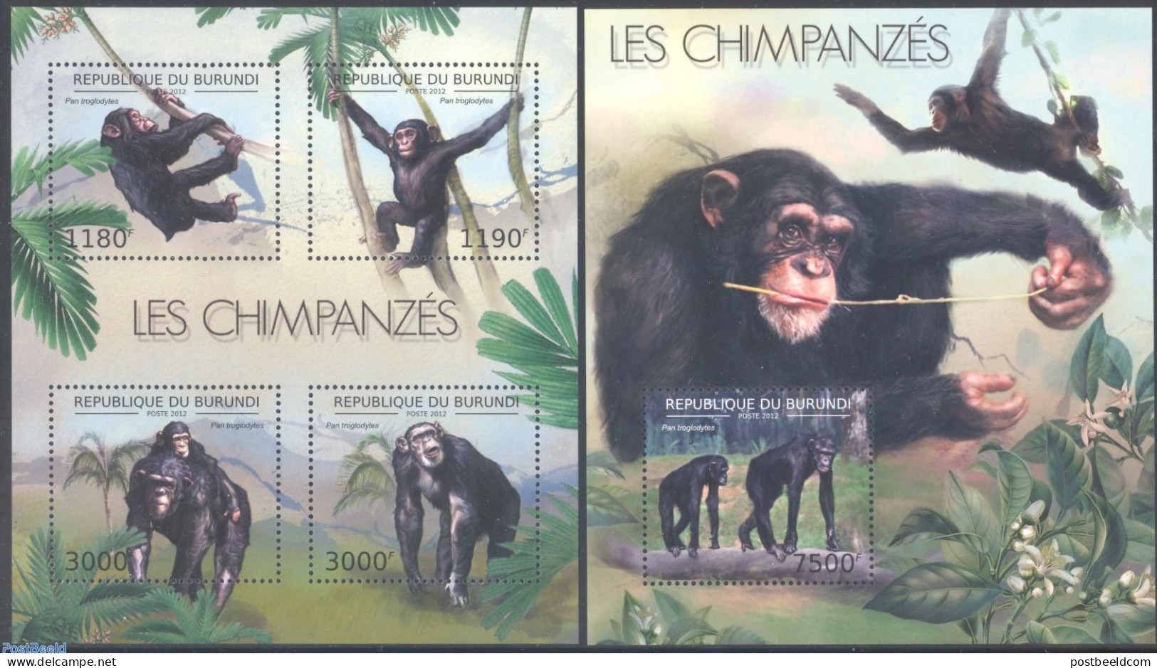 Burundi 2012 Chimpansees 2 S/s, Mint NH, Nature - Animals (others & Mixed) - Monkeys - Other & Unclassified