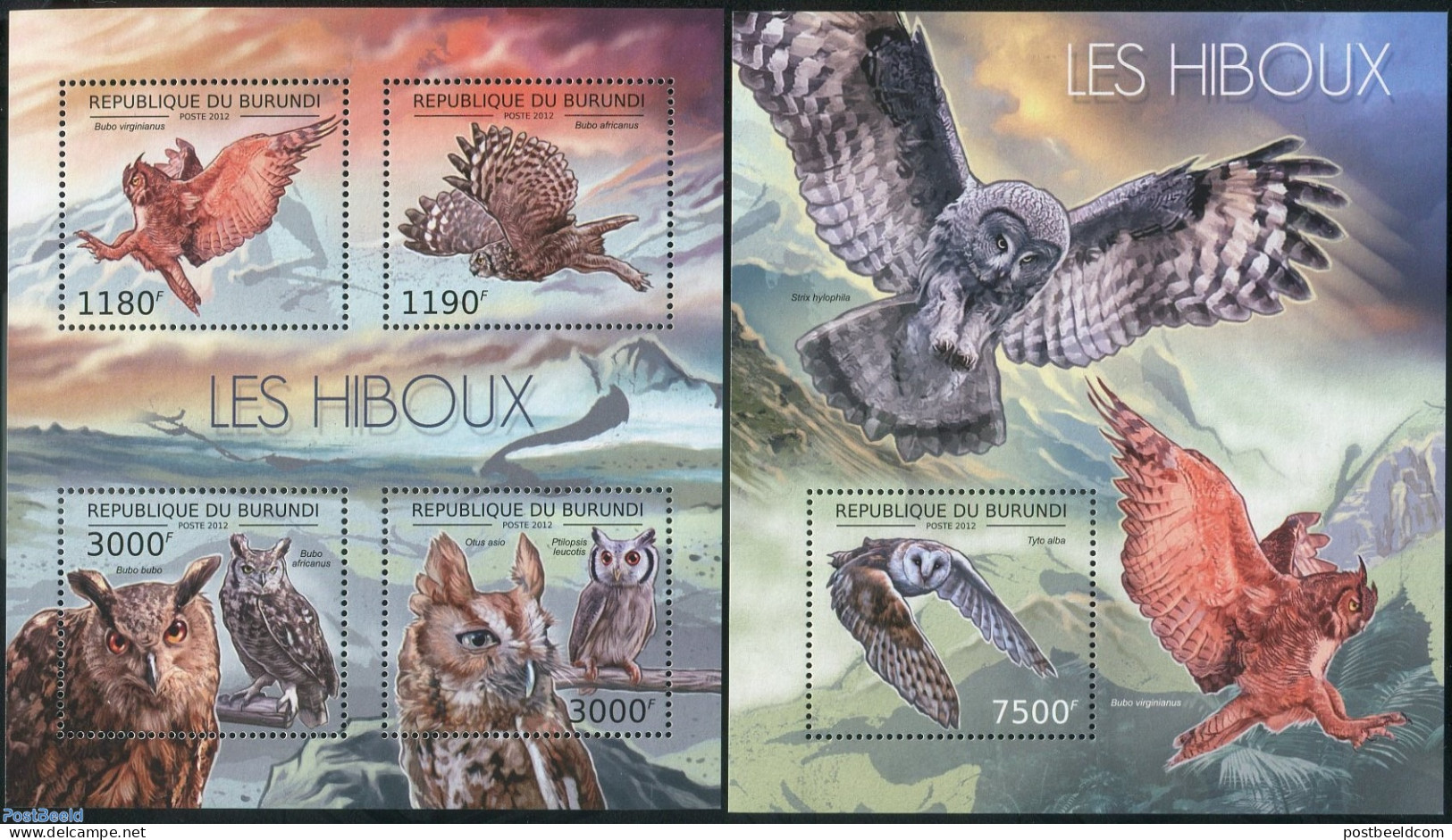 Burundi 2012 Owls 2 S/s, Mint NH, Nature - Birds - Birds Of Prey - Owls - Sonstige & Ohne Zuordnung