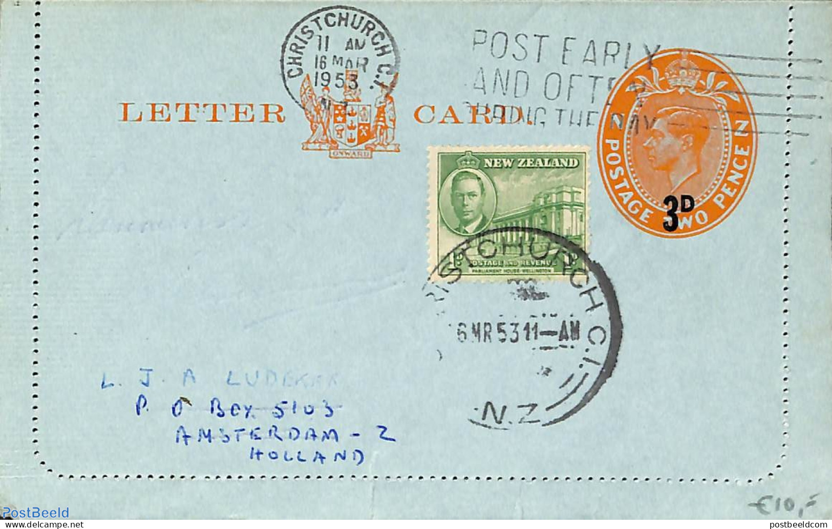 New Zealand 1953 Letter Card To Holland, Used Postal Stationary - Brieven En Documenten