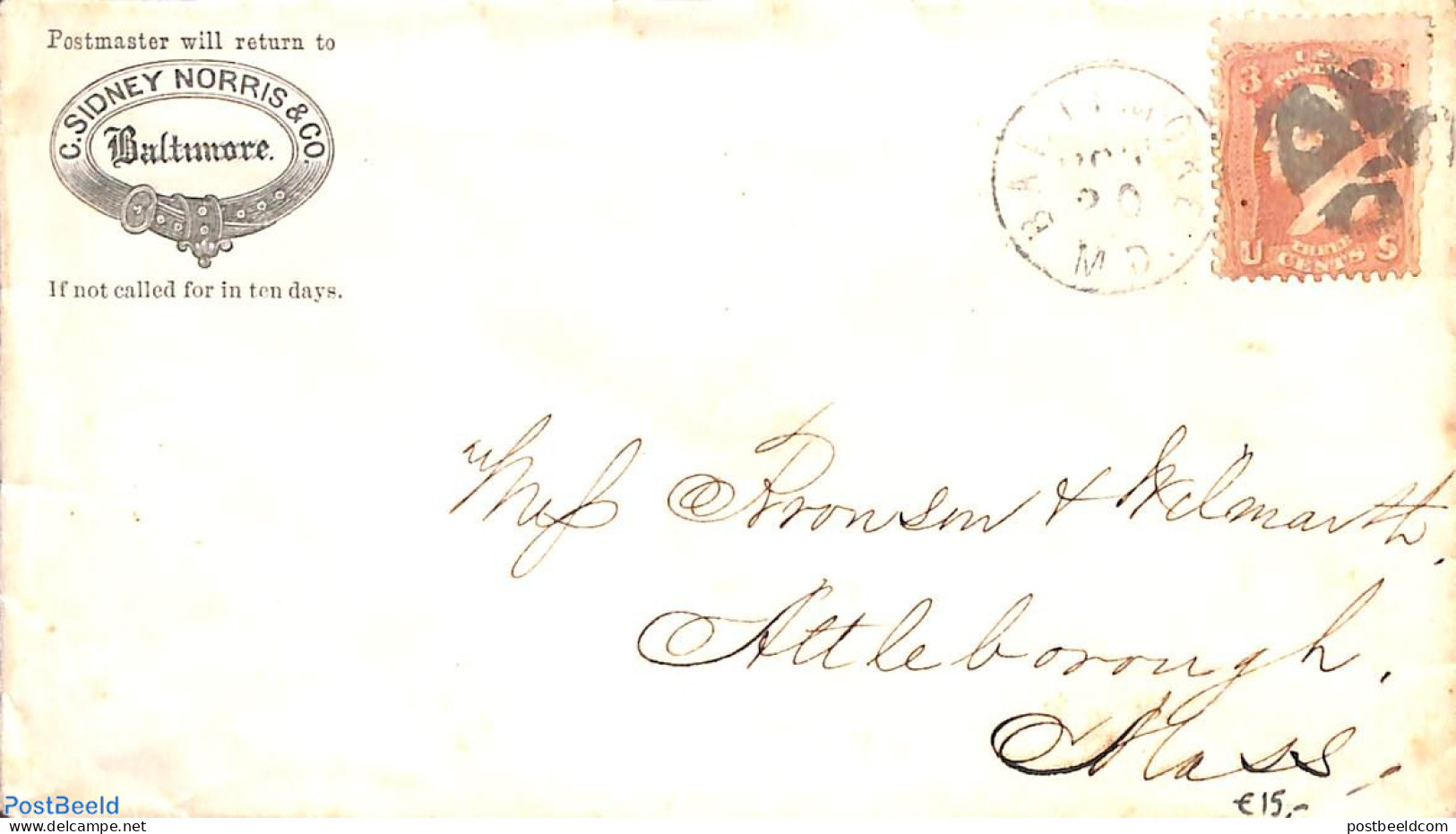 United States Of America 1861 Letter From Baltimore To Attleborough, Postal History - Lettres & Documents