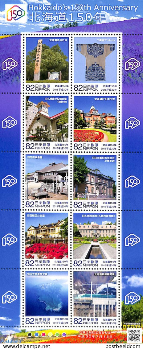 Japan 2018 Hokkaido's 150th Anniversary 10v M/s, Mint NH, Transport - Various - Railways - Textiles - Art - Clocks - Unused Stamps
