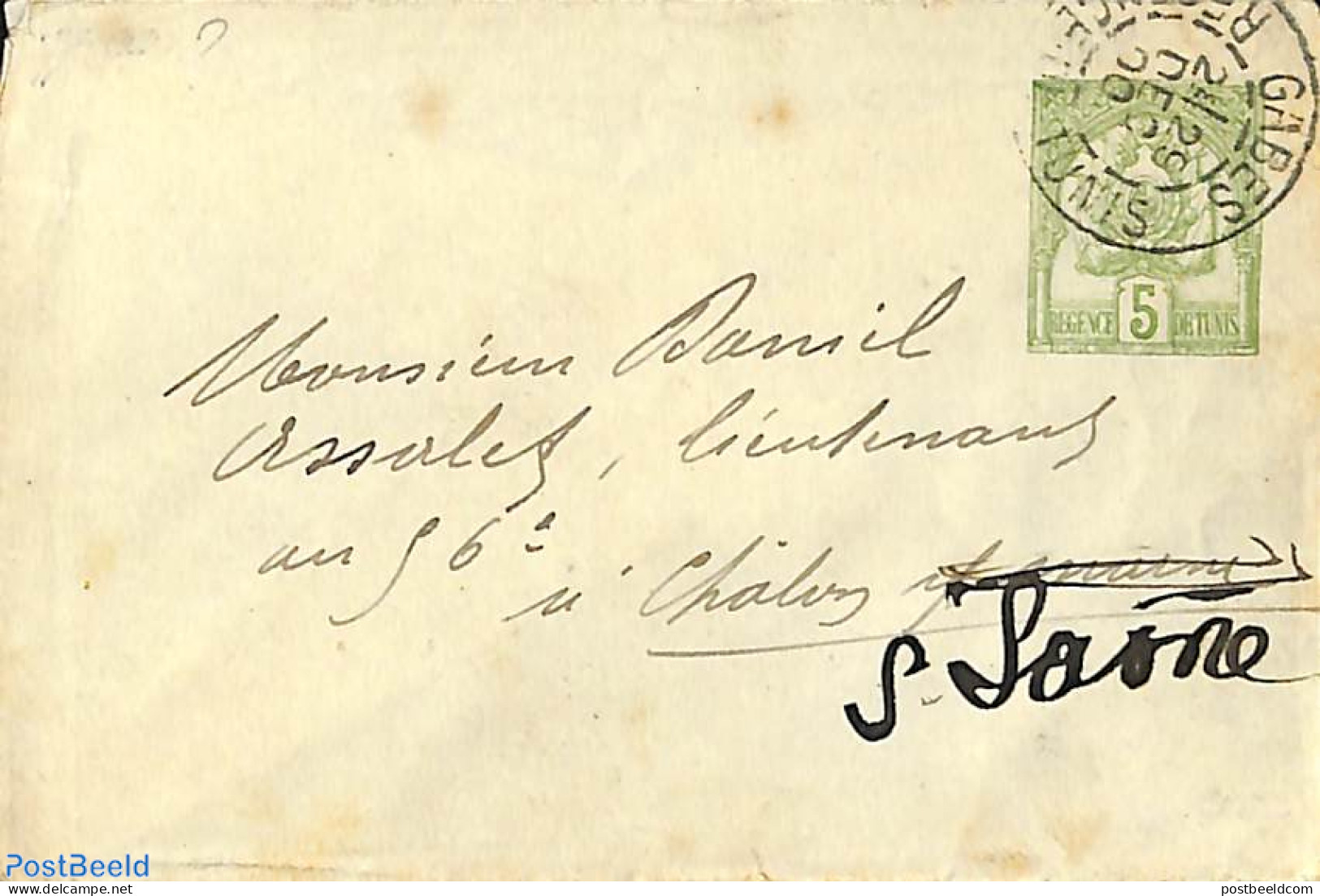 Tunisia 1900 Envelope 5c From Gabes To France, Used Postal Stationary - Tunesien (1956-...)