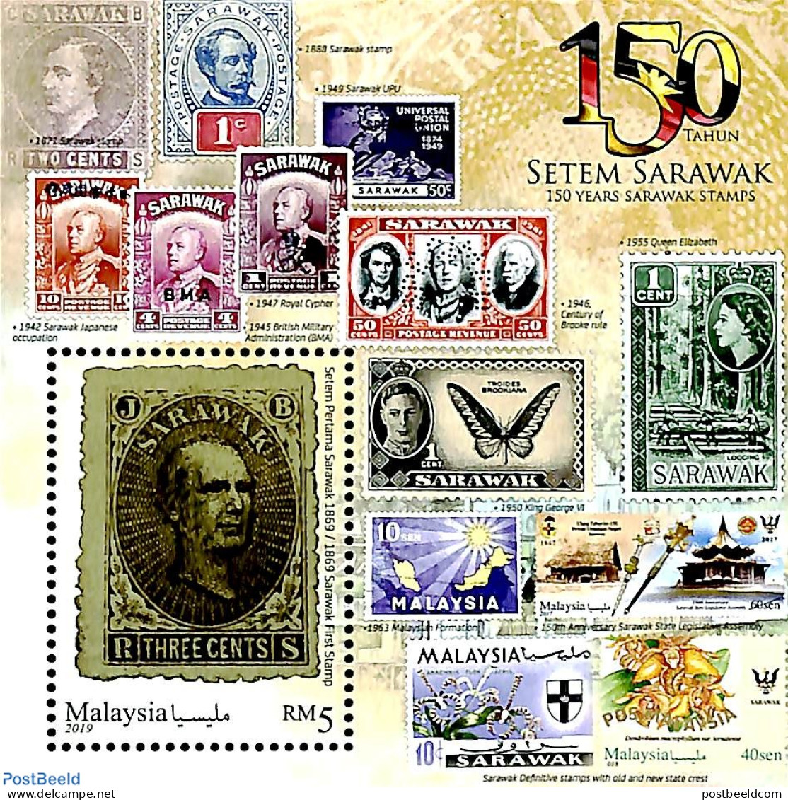 Malaysia 2019 150 Years Sarawak Stamps S/s, Mint NH, Nature - Butterflies - Stamps On Stamps - Briefmarken Auf Briefmarken