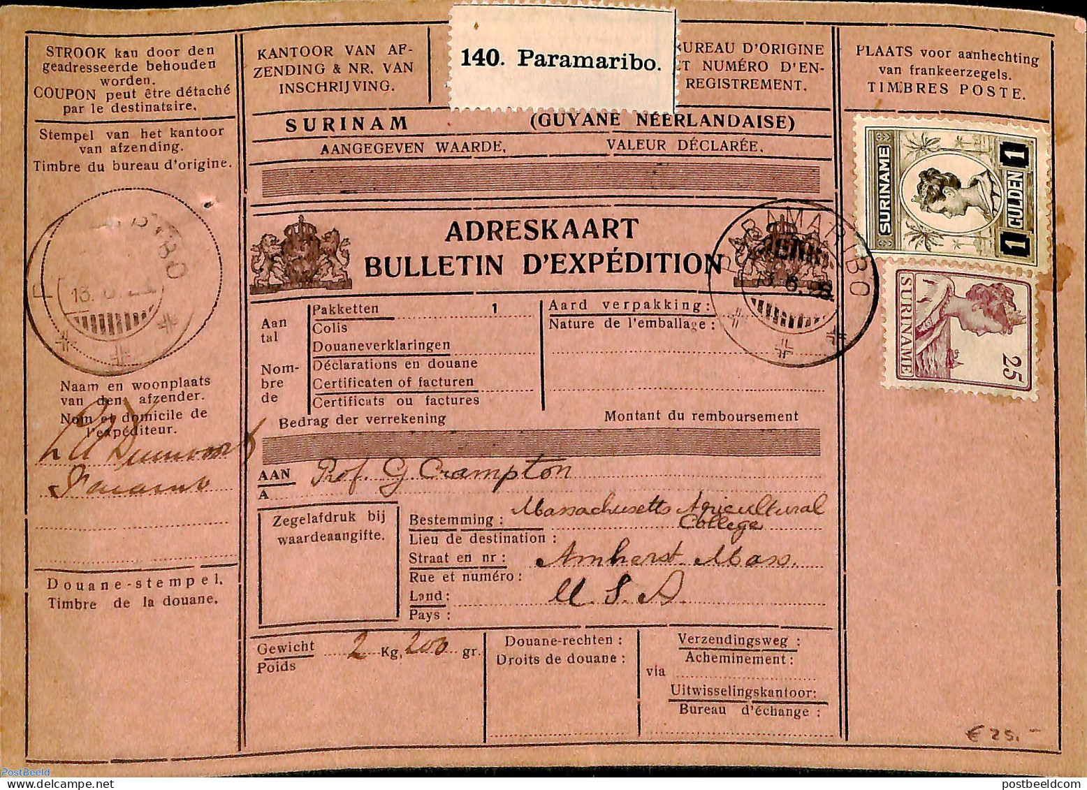 Suriname, Colony 1928 Parcel Card Paramaribo To Arnherst Mass., Postal History - Autres & Non Classés