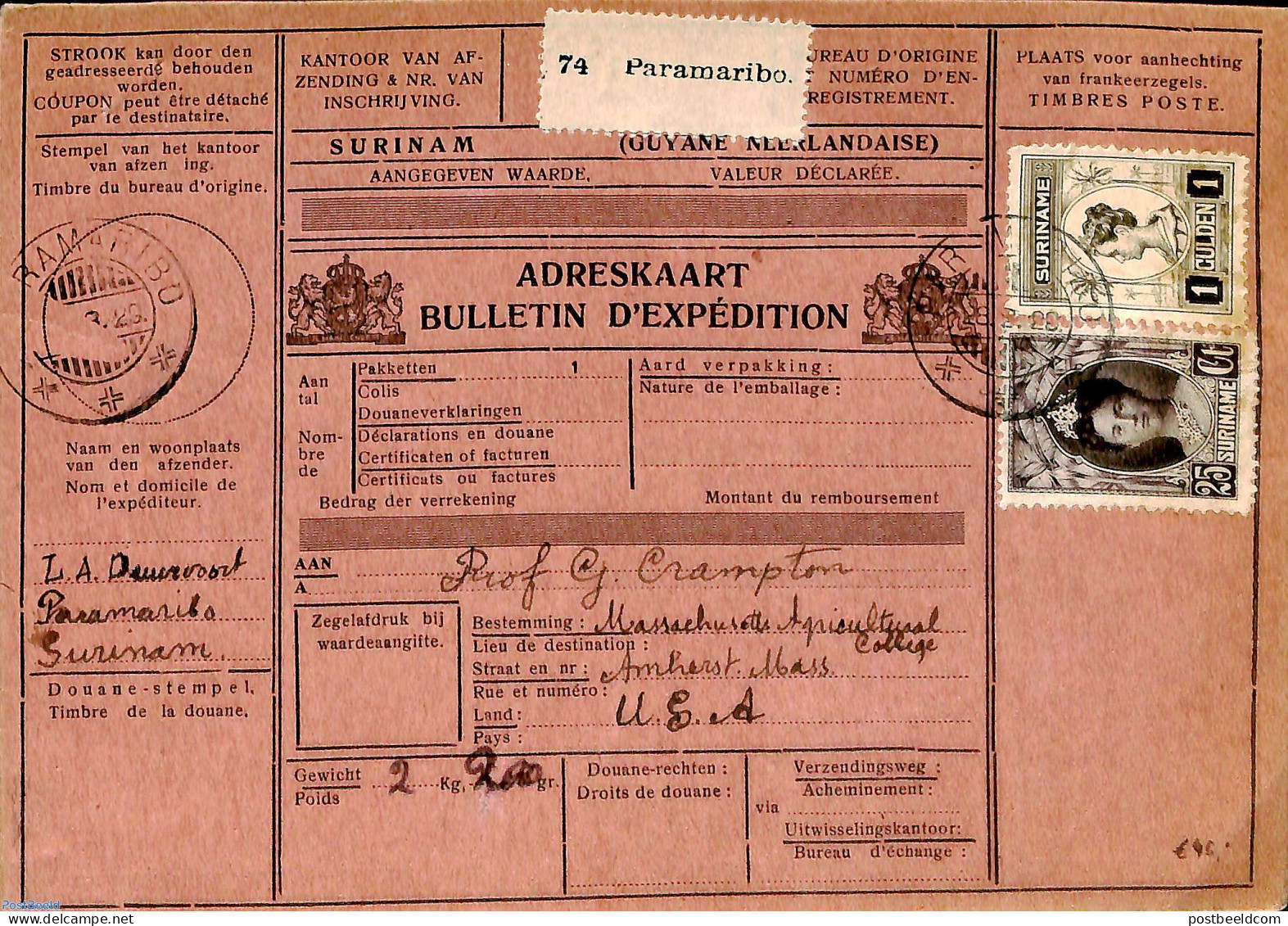 Suriname, Colony 1929 Parcel Card Paramaribo To Arnherst Mass., Postal History - Andere & Zonder Classificatie