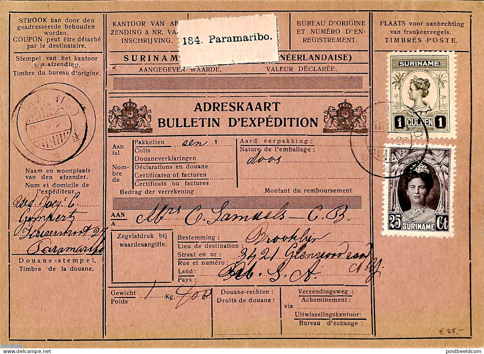 Suriname, Colony 1929 Parcel Card, Postal History - Sonstige & Ohne Zuordnung