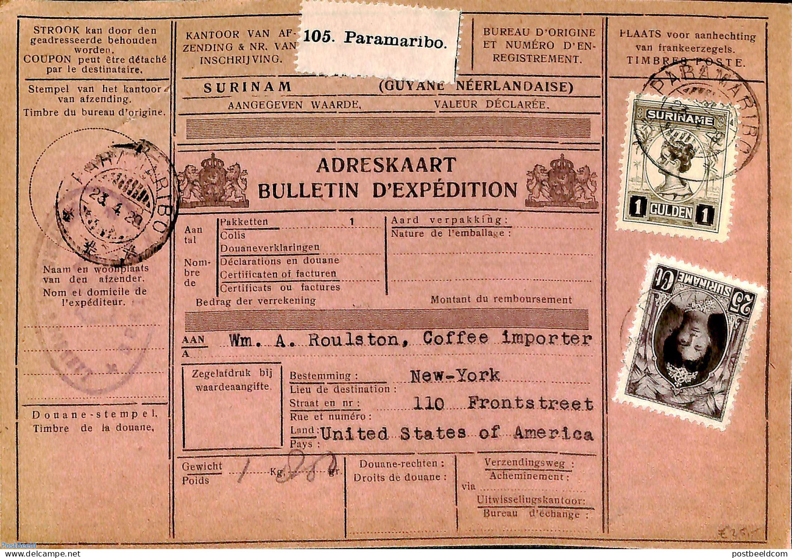Suriname, Colony 1929 Parcel Card Paramaribo To New York, Postal History - Andere & Zonder Classificatie