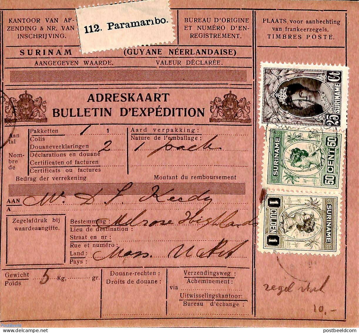 Suriname, Colony 1929 Parcel Card Paramaribo To Massachusetts, Postal History - Autres & Non Classés