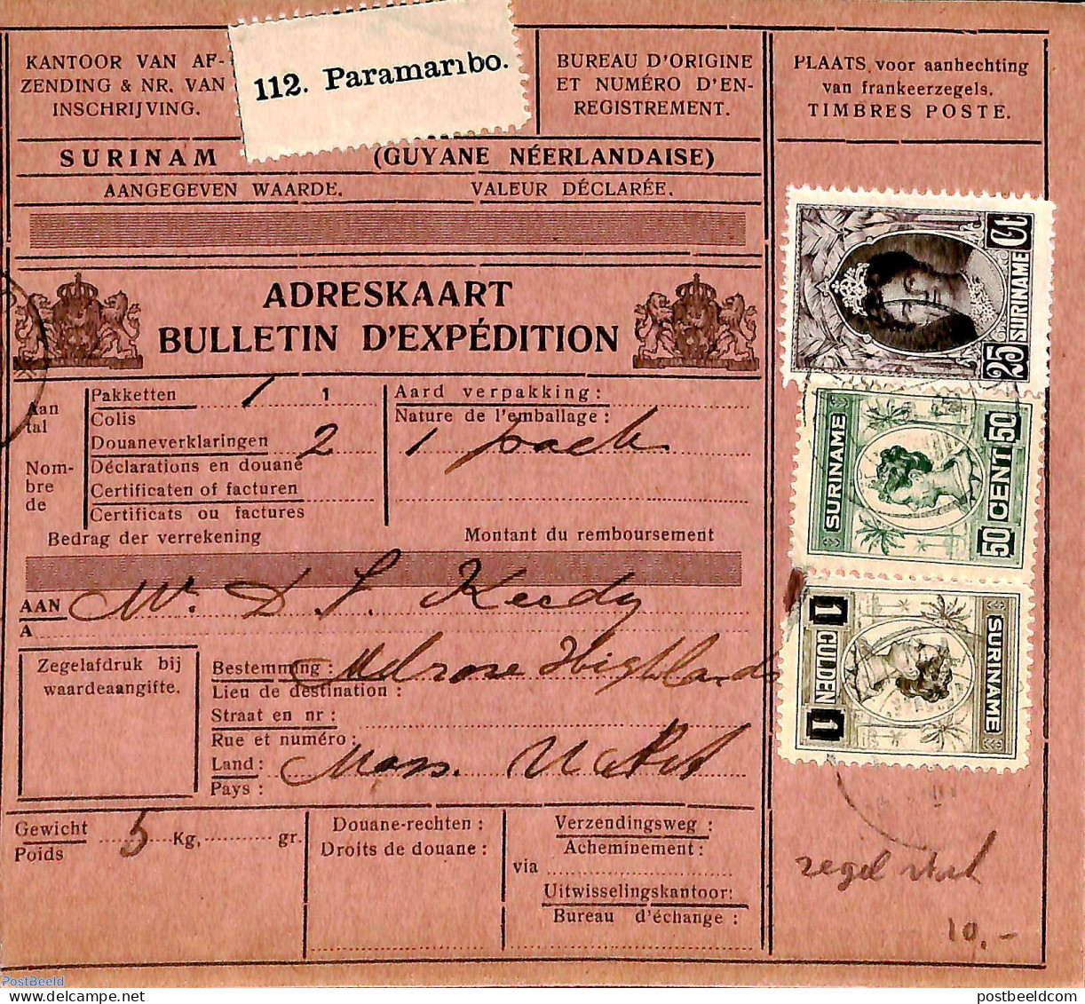 Suriname, Colony 1929 Parcel Card Paramaribo To Massachusetts, Postal History - Other & Unclassified