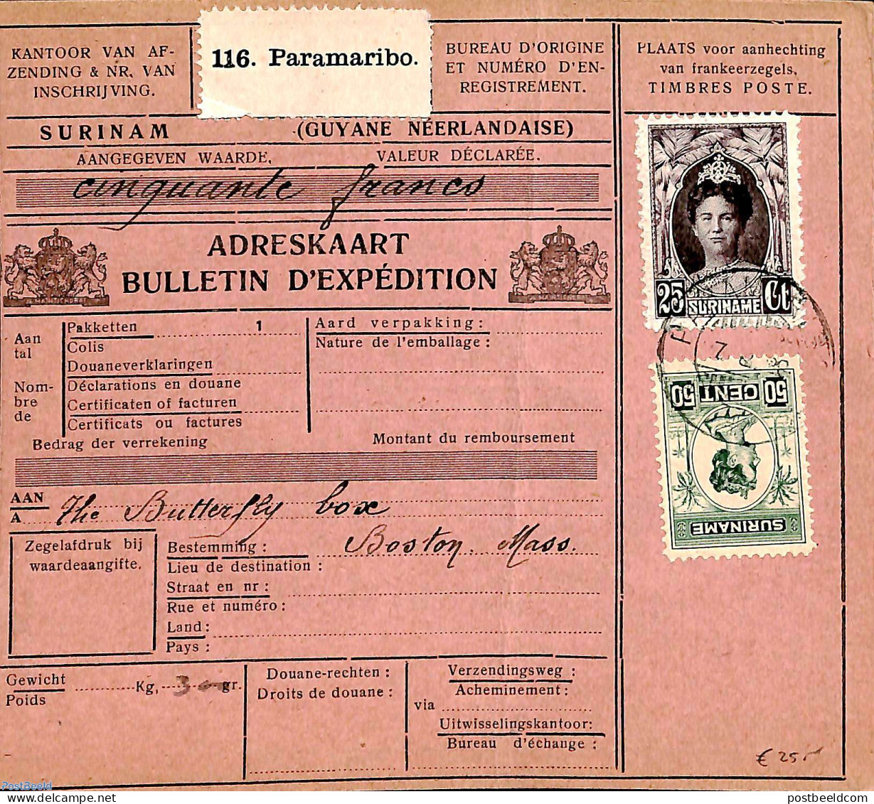 Suriname, Colony 1929 Parcel Card Paramaribo To Boston, Postal History - Sonstige & Ohne Zuordnung