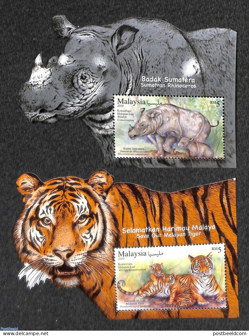 Malaysia 2019 Wild Animals 2 S/s, Mint NH, Nature - Animals (others & Mixed) - Cat Family - Rhinoceros - Otros & Sin Clasificación