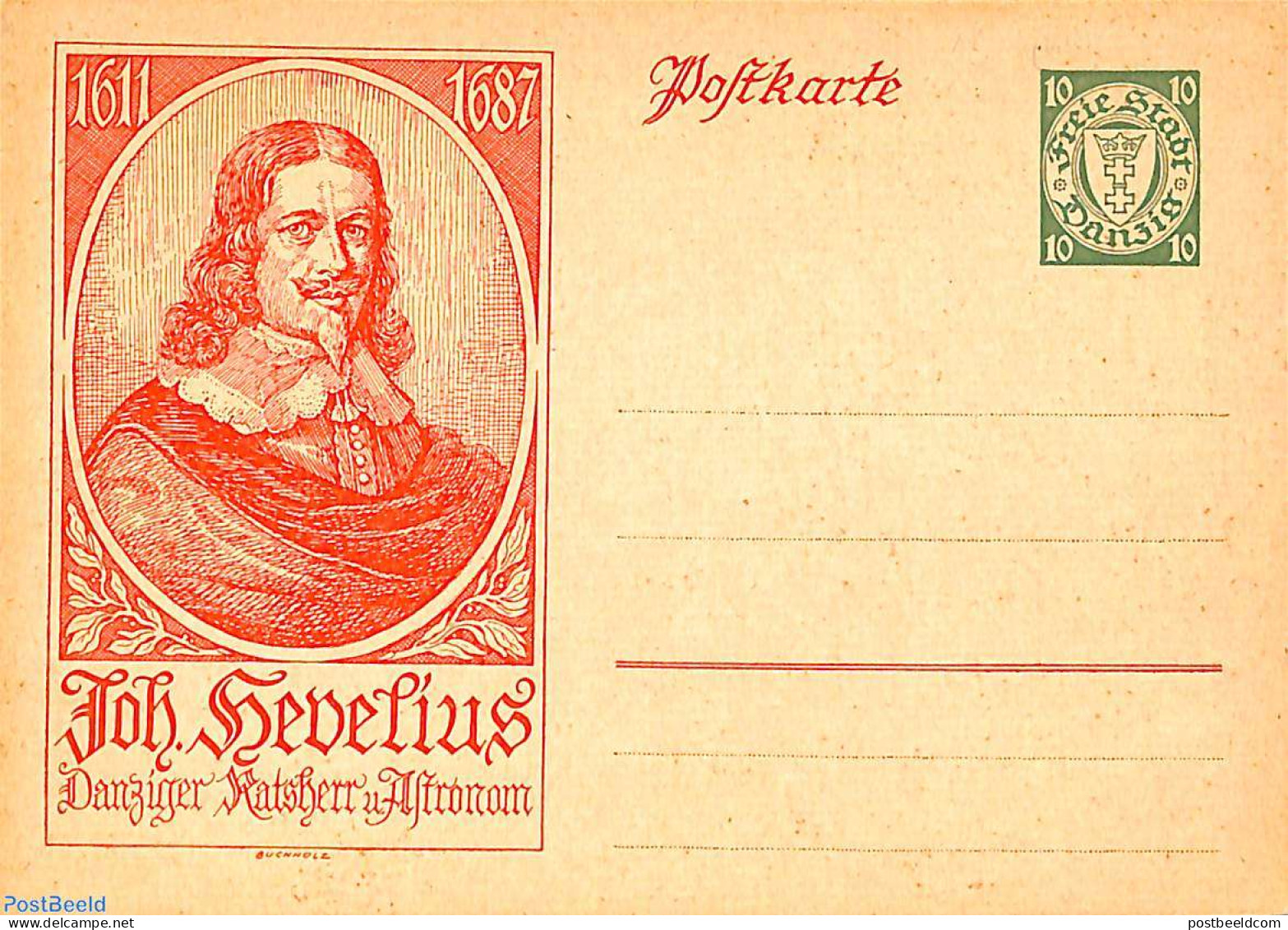 Germany, Danzig 1934 Postcard 10pf Green, Joh, Hevelius, Unused Postal Stationary - Altri & Non Classificati