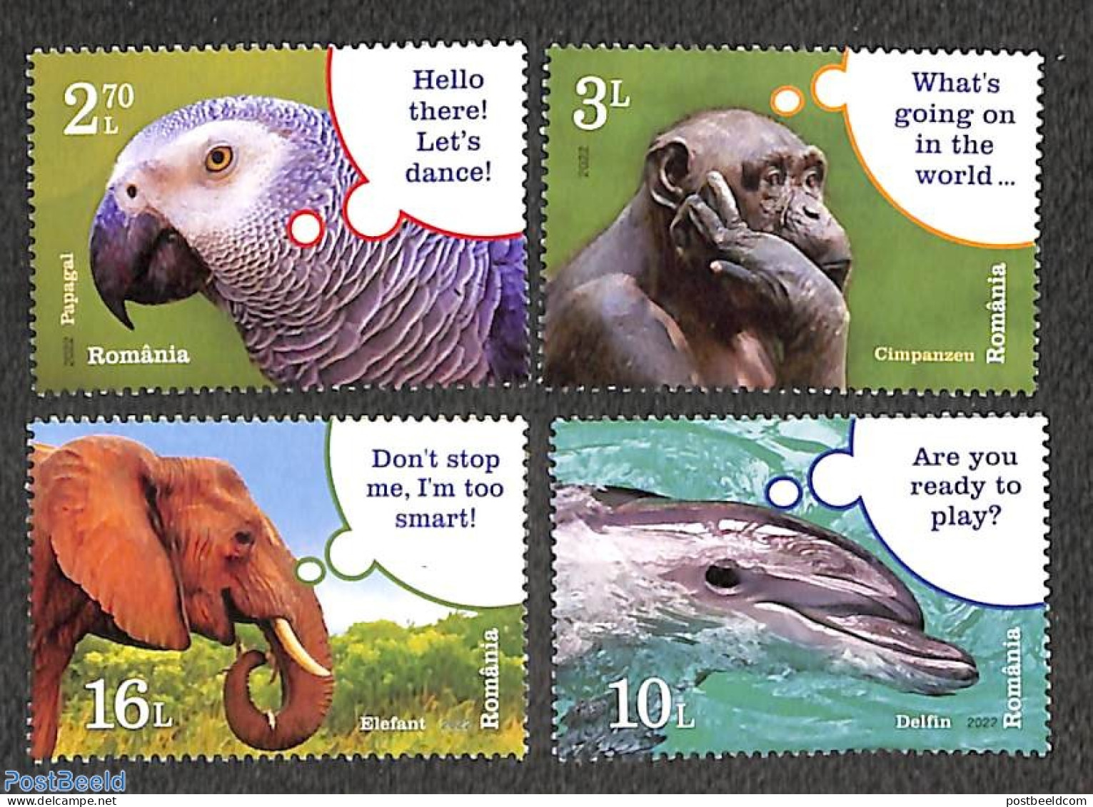 Romania 2022 Smart Animals 4v, Mint NH, Nature - Birds - Elephants - Monkeys - Parrots - Sea Mammals - Nuevos